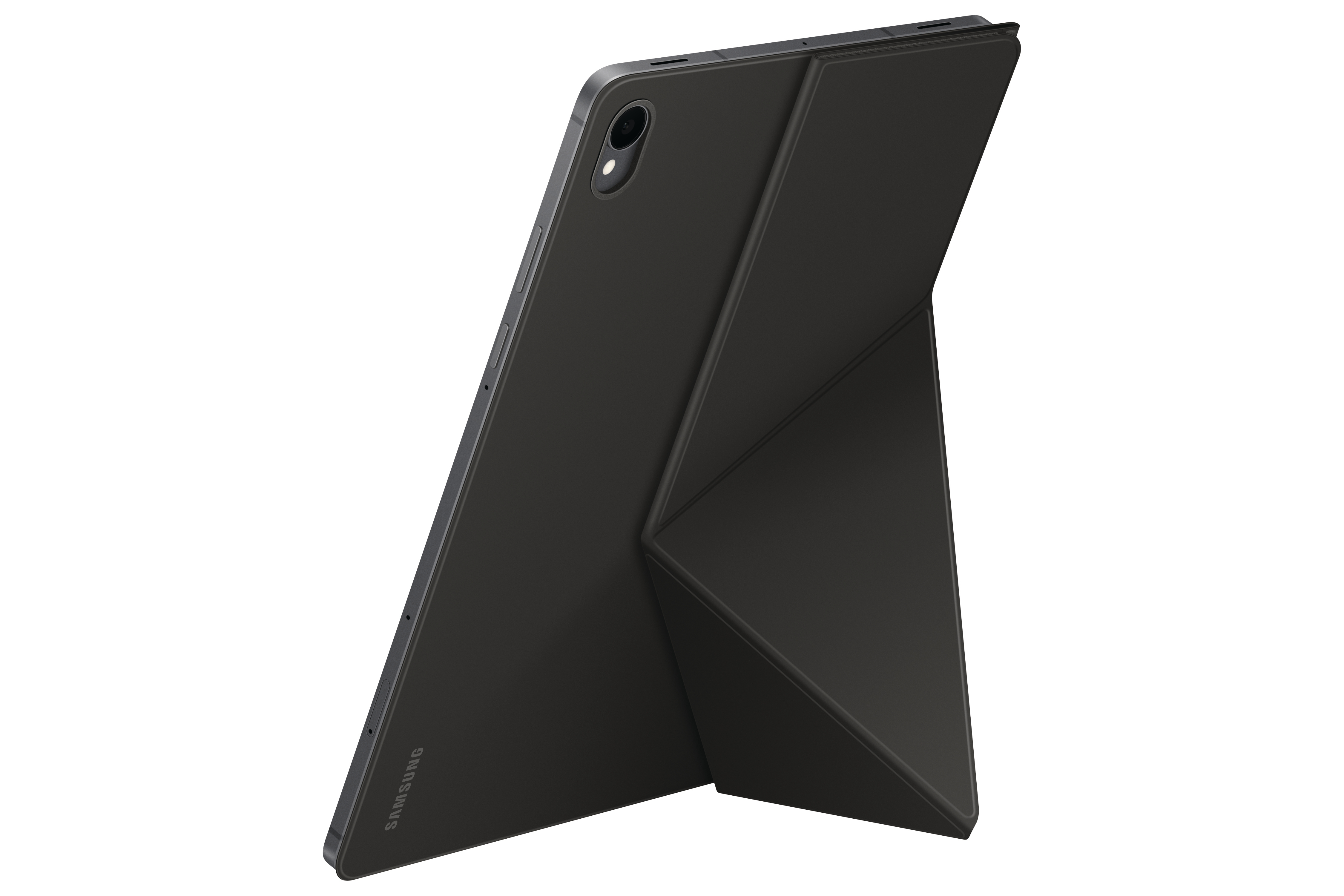 Ein schwarzes Samsung-Tablet mit dunkelgrauer Hülle steht auf weißem Hintergrund. Die Hülle ist gefaltet.