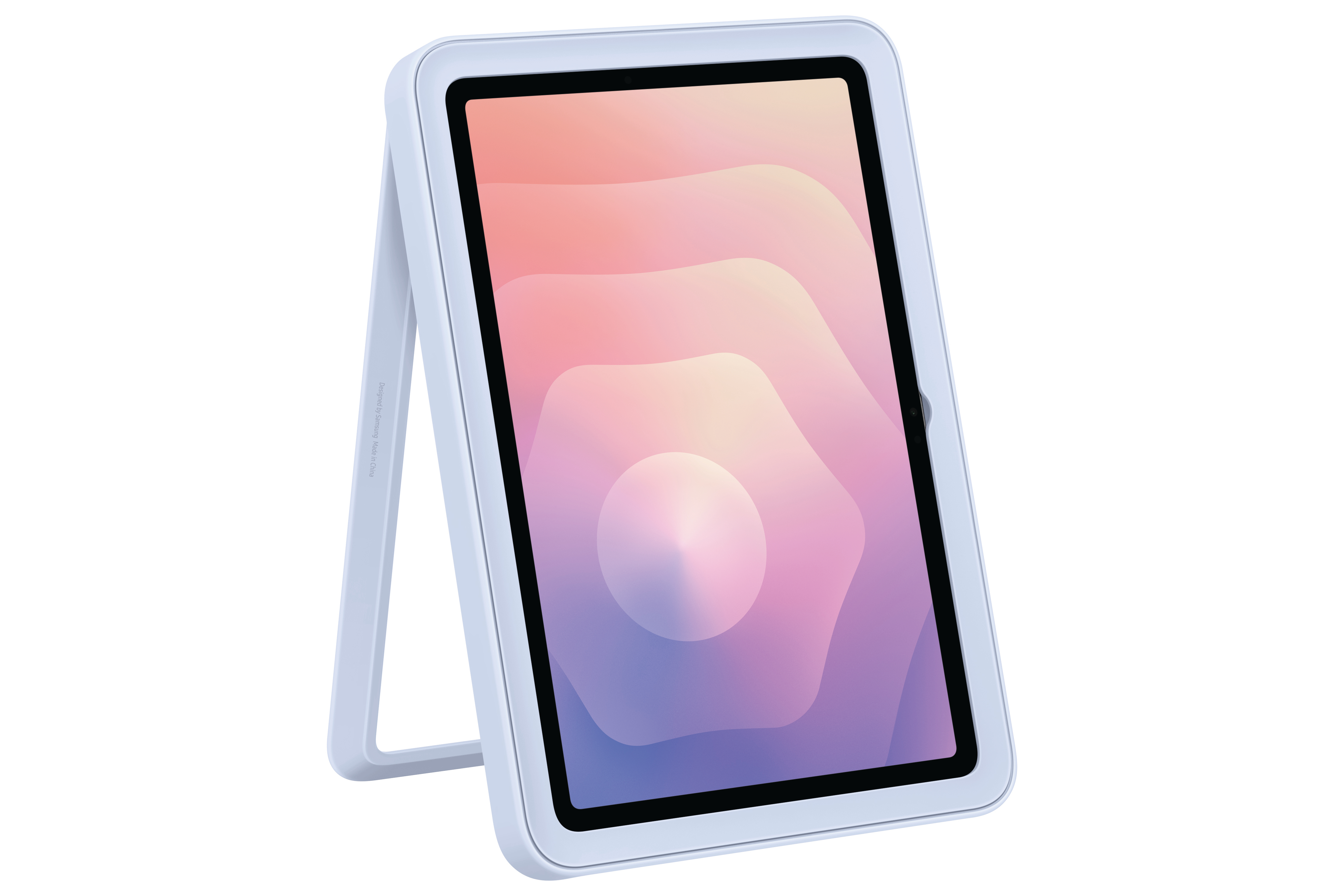 Ein weißes Tablet mit farbigem Bildschirm wird von einem Ständer gehalten. Der Bildschirm zeigt einen Farbverlauf.