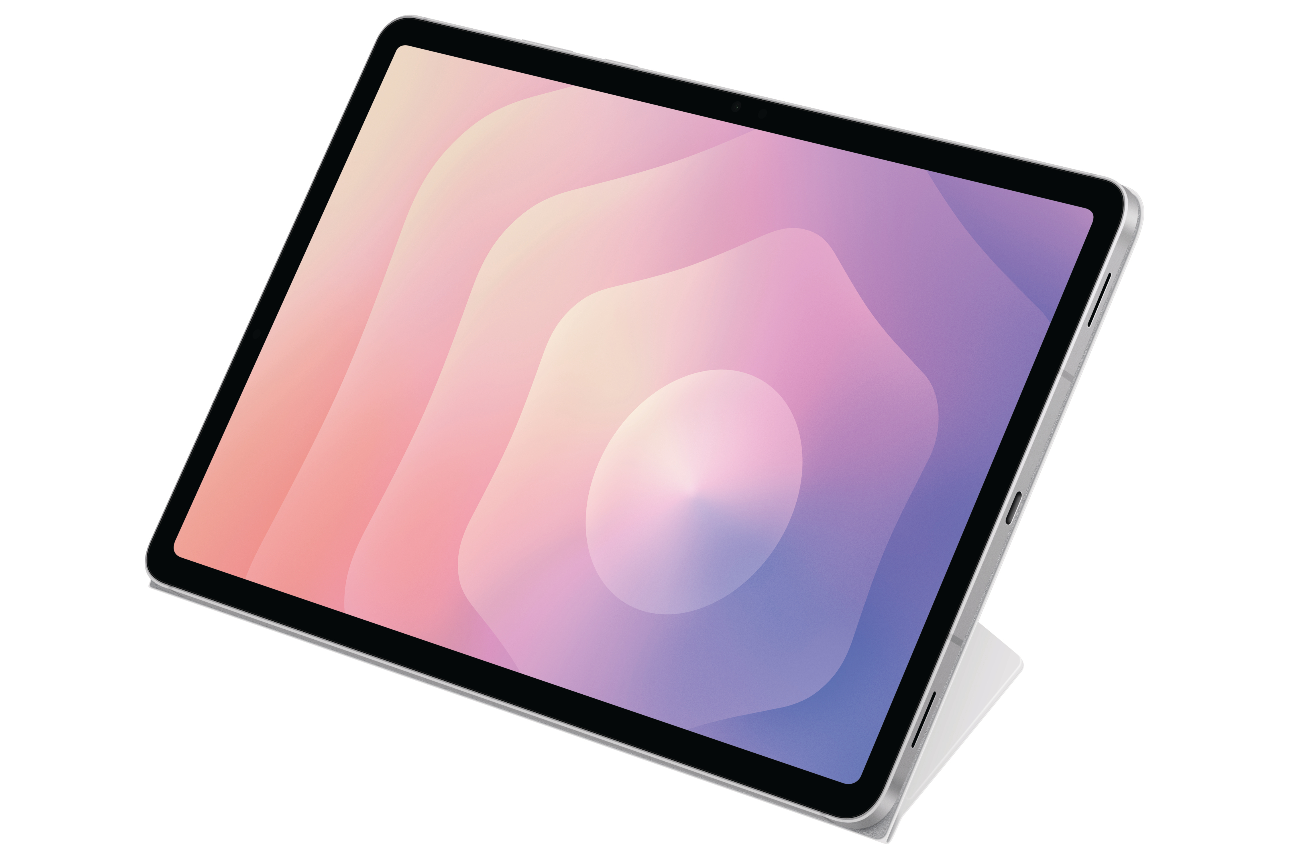 Ein Tablet mit farbenfrohem Bildschirm. Der Bildschirm zeigt einen Farbverlauf aus Rosa, Lila und weißen Formen. Das Tablet liegt auf weißem Untergrund.