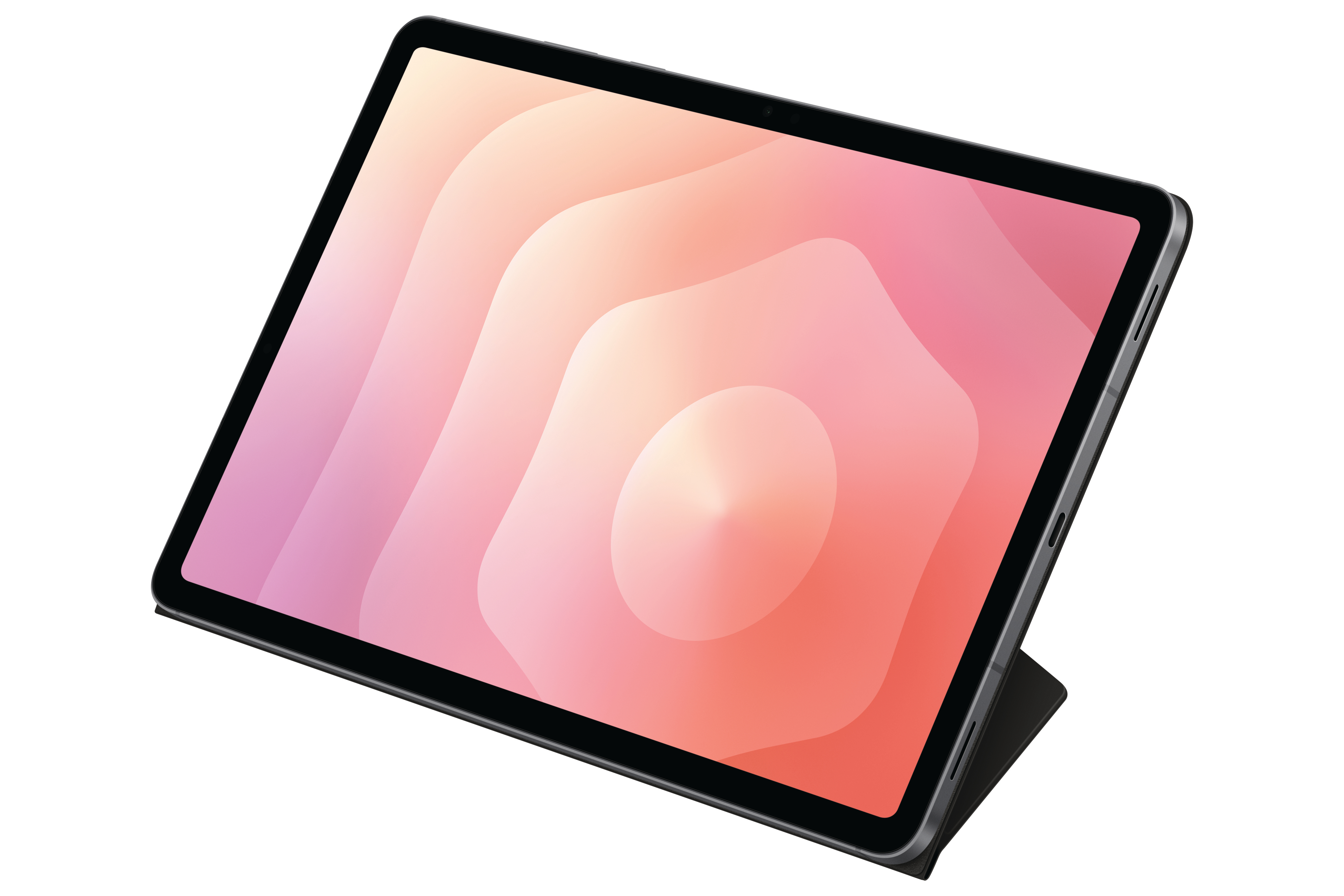 Ein Tablet mit schwarzem Rahmen. Der Bildschirm zeigt einen rosa-orangen Farbverlauf. Es wird von einer schwarzen Hülle vor weißem Hintergrund gehalten.