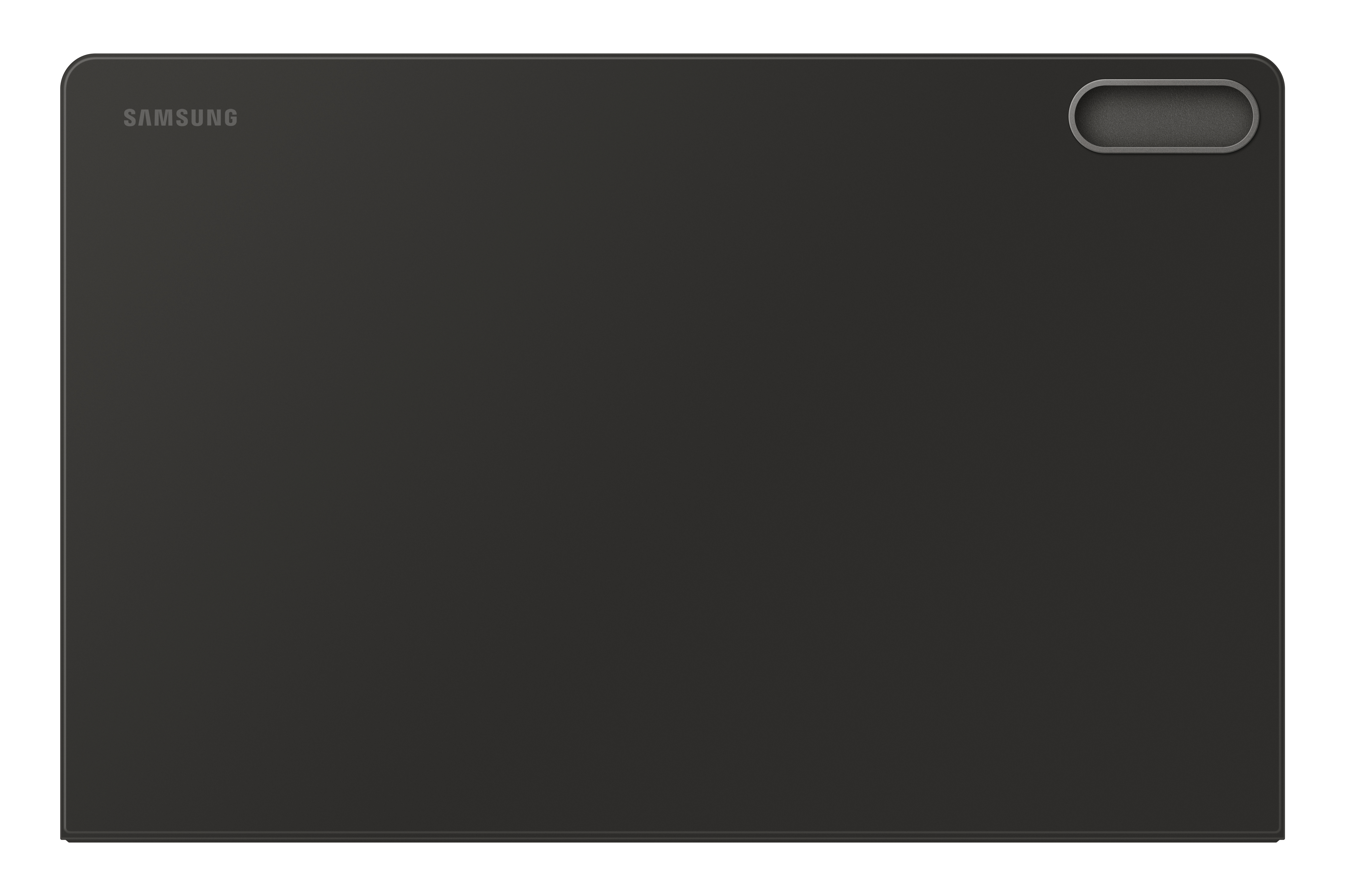 Eine schwarze Tablet-Hülle. Das Samsung-Logo befindet sich oben links. Oben rechts befindet sich ein Stifthalter.