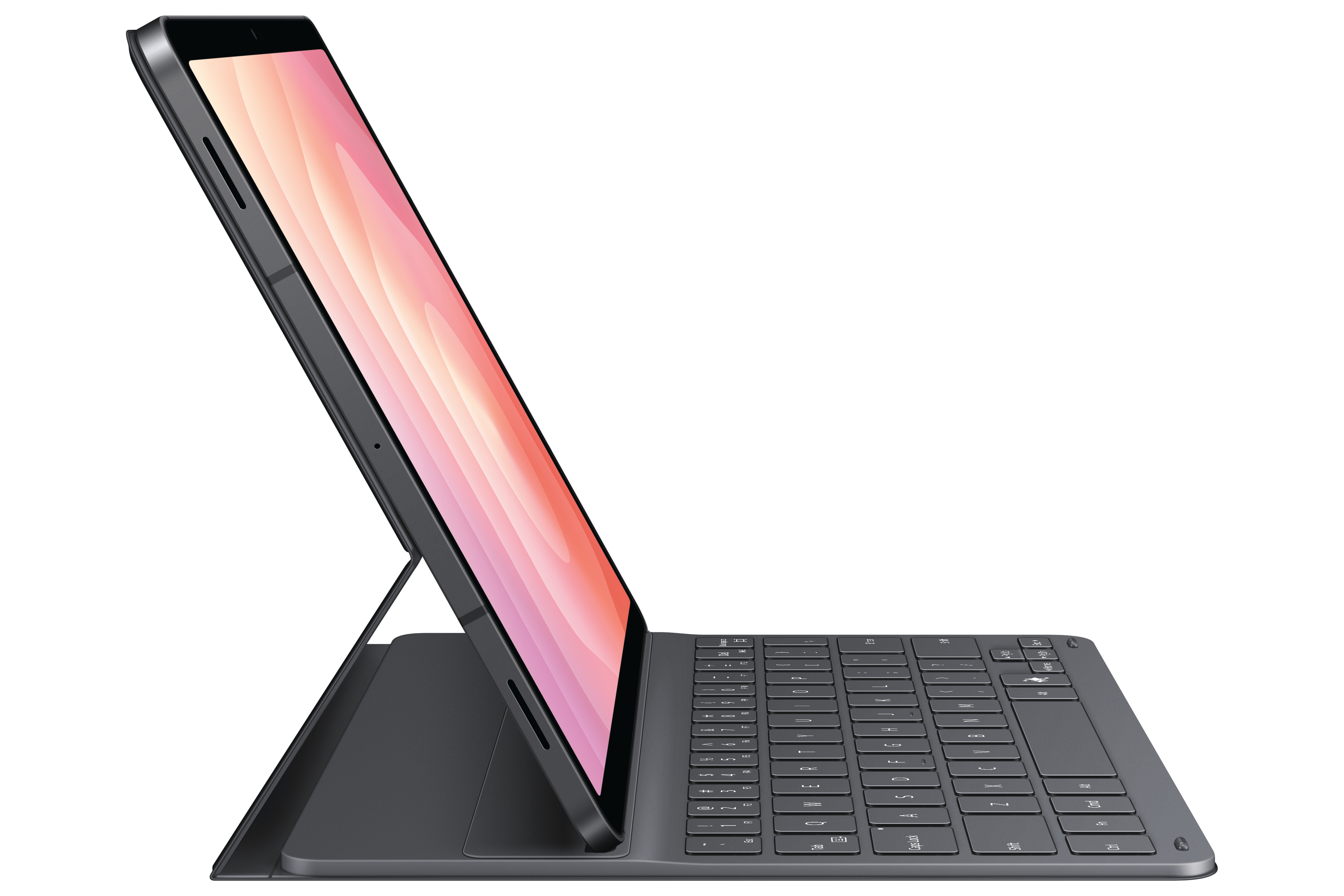 Ein Tablet mit Tastaturhülle ist geöffnet und zeigt einen rosa-orangenen Bildschirm. Die Anordnung ist abgewinkelt, vor weißem Hintergrund.