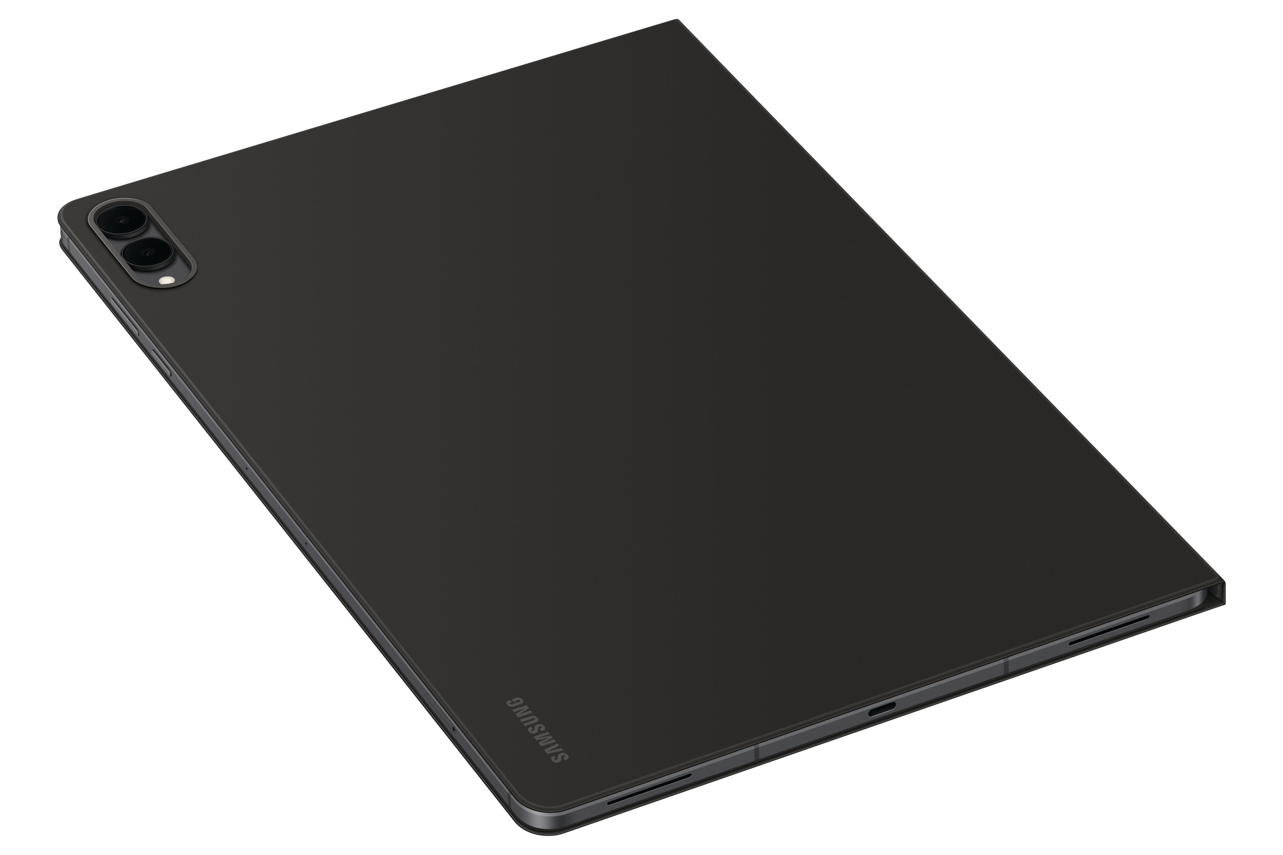 Dunkelgraues Samsung-Tablet vor weißem Hintergrund. Das Tablet hat eine Dual-Kamera und das Samsung-Logo.