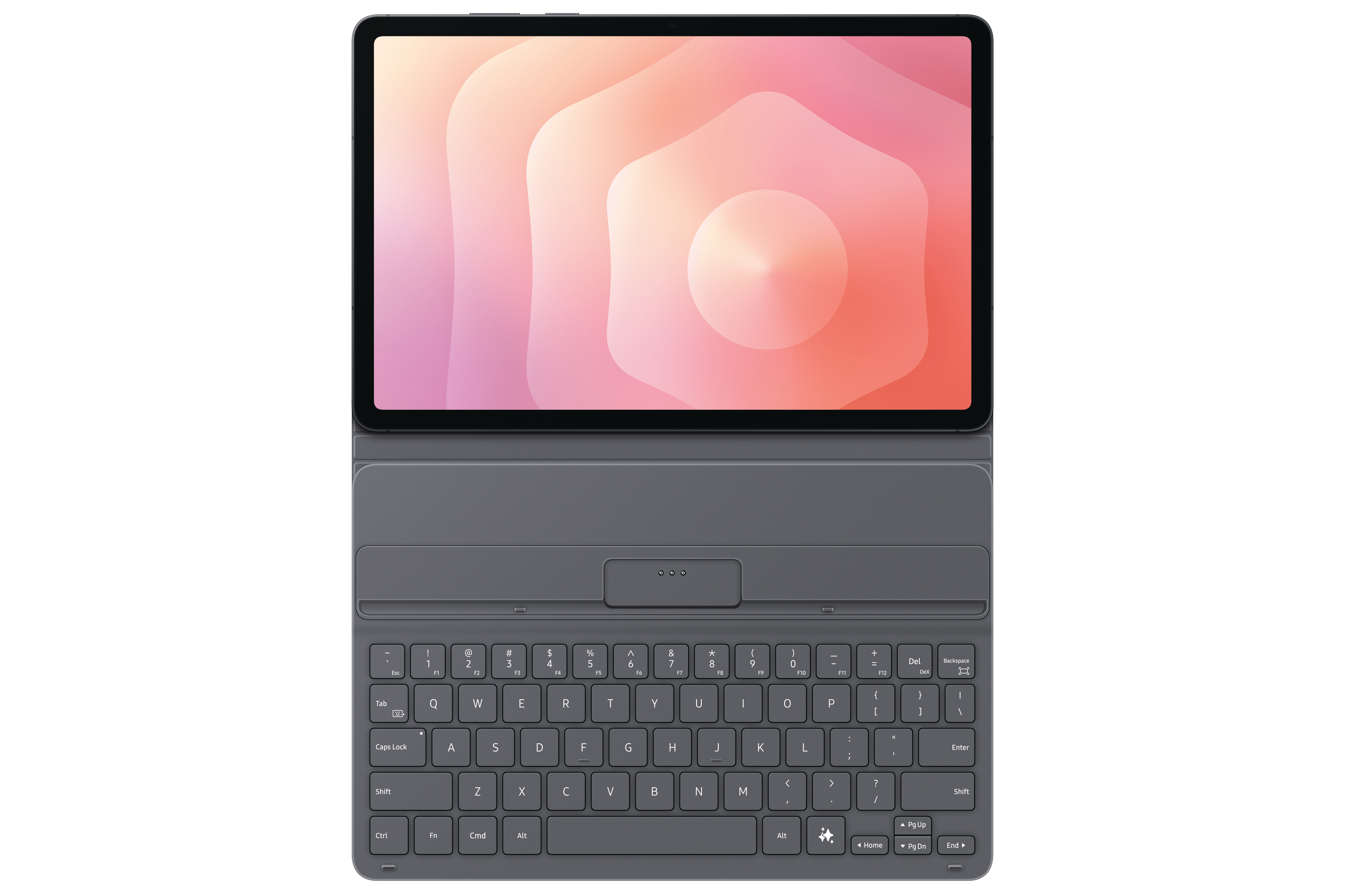 Tablet mit Tastatur. Der Bildschirm zeigt ein abstraktes Muster in Rosa- und Orangetönen.
