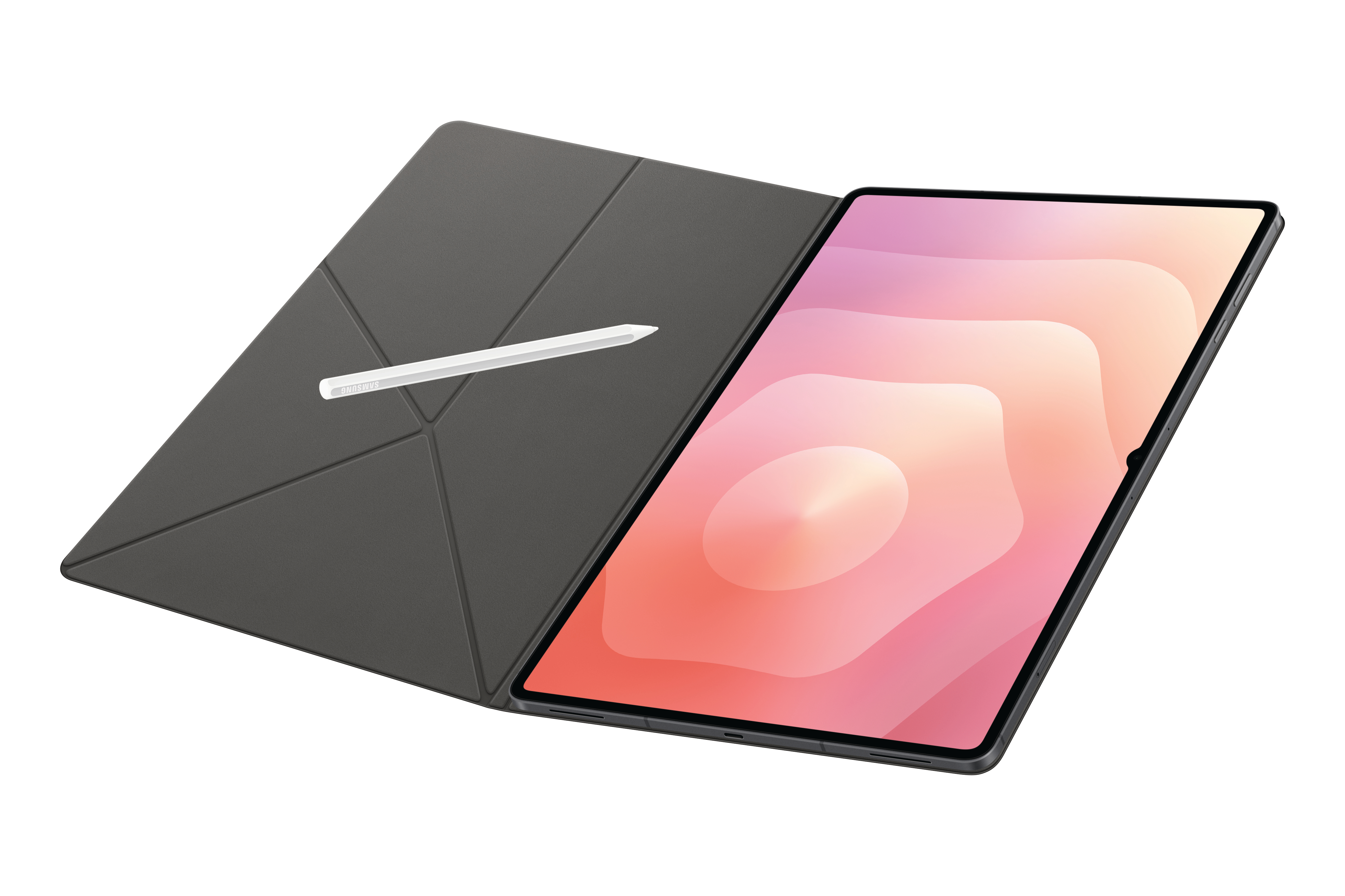 Tablet mit Stift, grauer Hülle und einem Bildschirm, der ein abstraktes rosa-weißes Design zeigt.