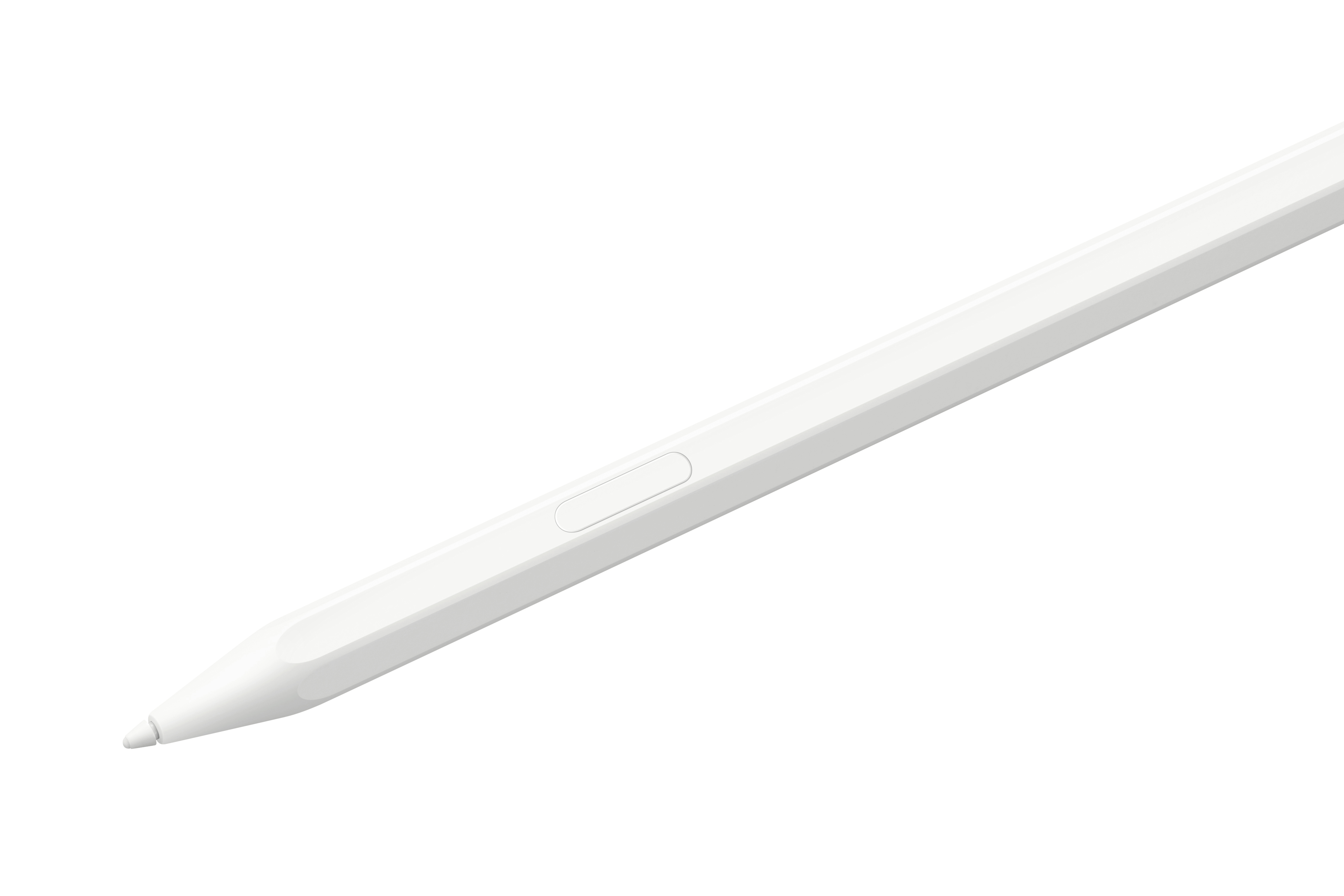 Ein weißer Stift auf weißem Hintergrund. Der Stift ist diagonal abgewinkelt und zeigt die Spitze und eine Seitentaste.