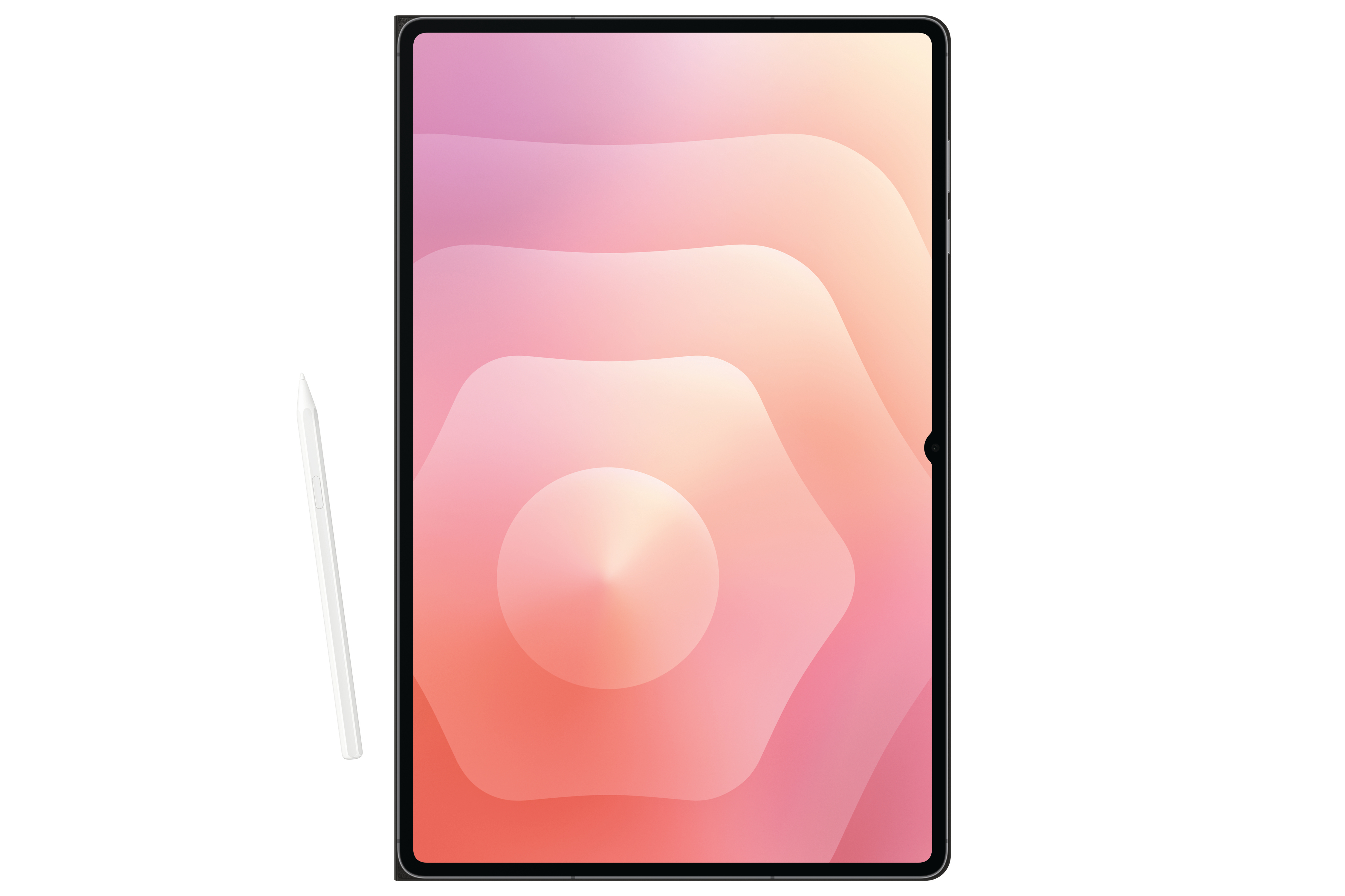Ein Tablet mit einem rosa-orangen Farbverlauf und einem weißen Stift auf weißem Hintergrund.