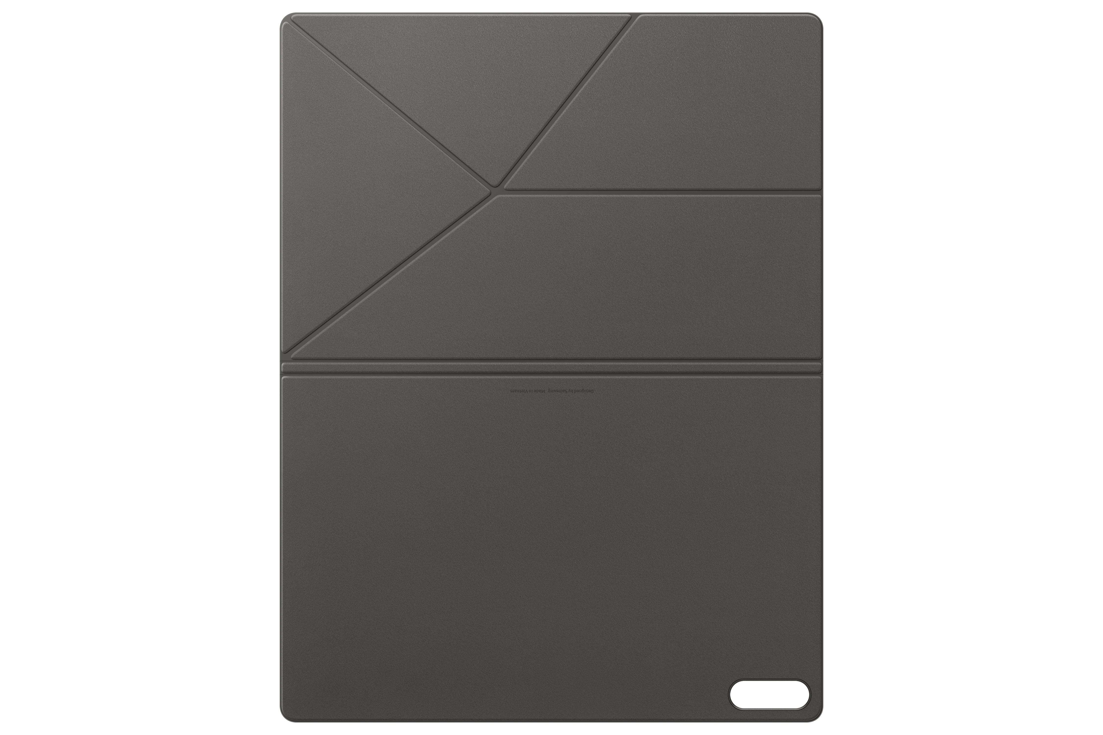 Dunkelgraue Tablet-Hülle. Sie hat eine strukturierte Oberfläche mit einem geometrischen Design und einem Ausschnitt unten.
