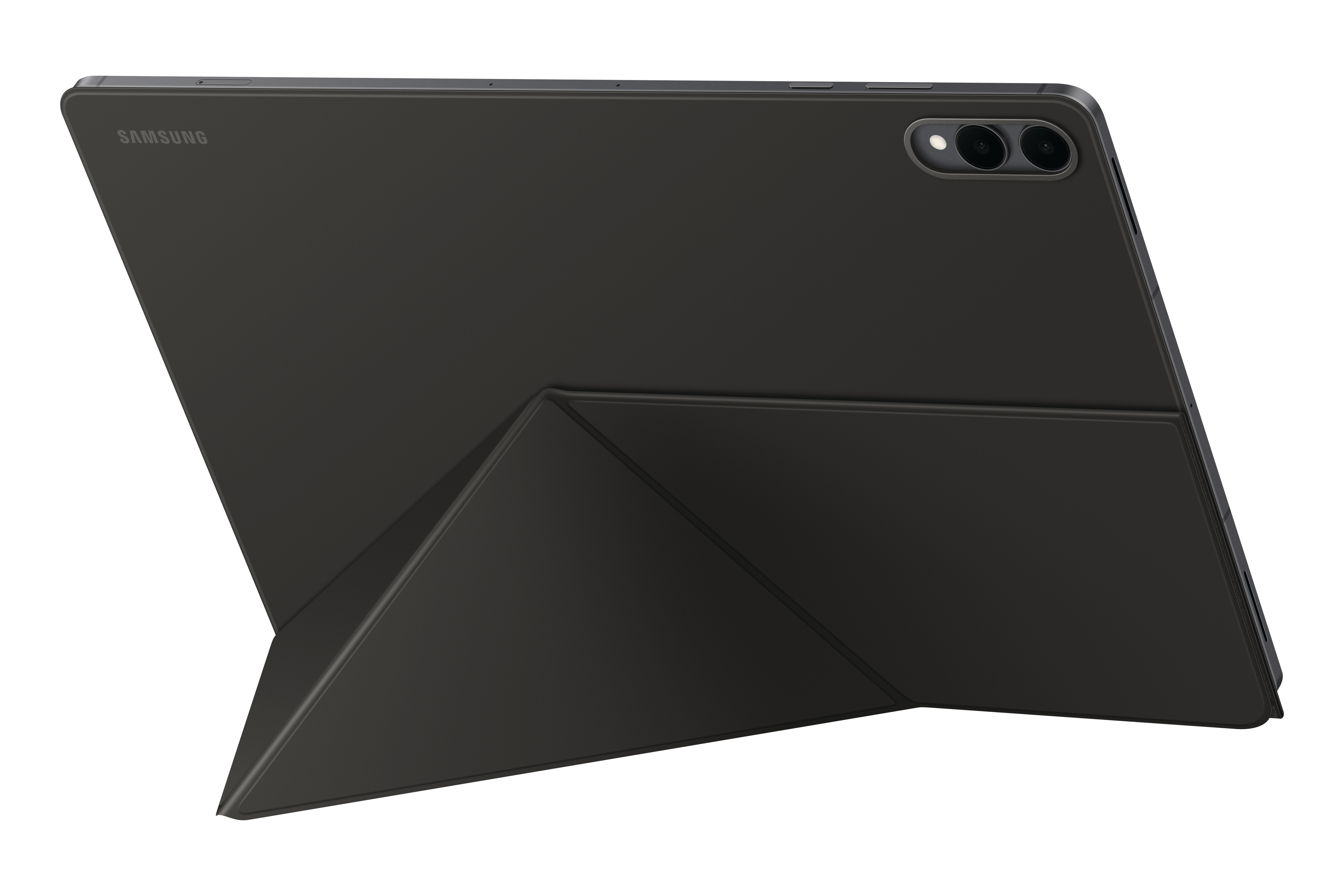 Ein schwarzes Samsung-Tablet mit Hülle auf weißem Grund. Die Hülle lässt sich zum Abstützen falten.