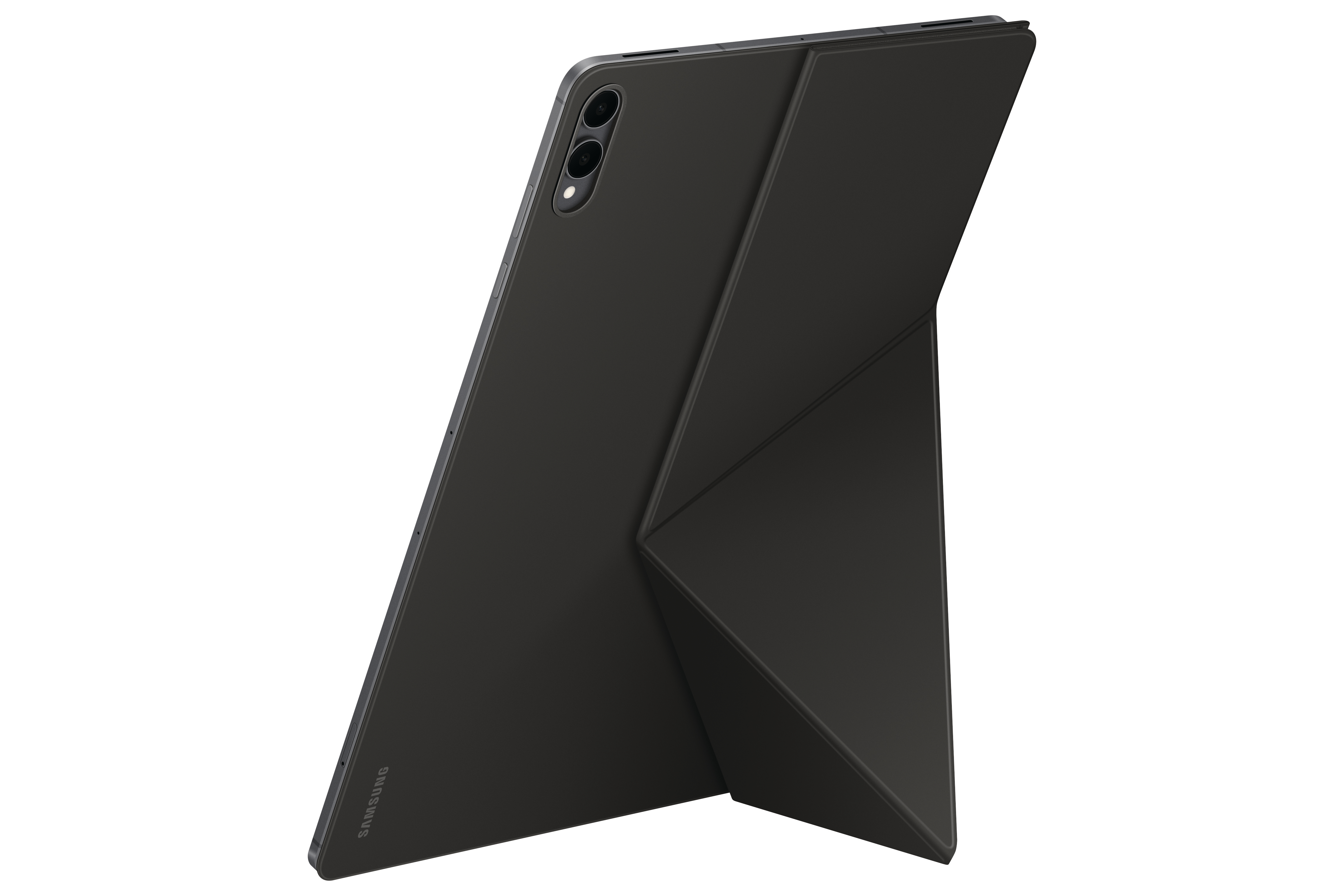 Schwarzes Tablet mit zusammengeklappter Hülle, die einen Ständer bildet. Das Samsung-Logo ist sichtbar.