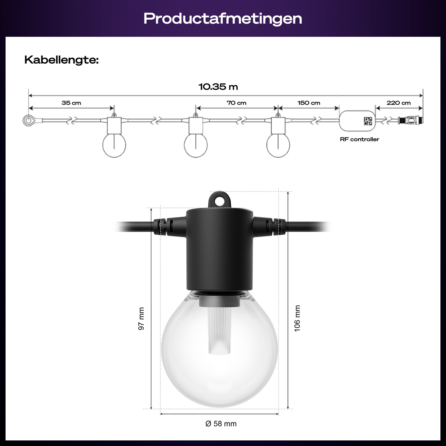 Diagram showing a string of lights with dimensions. Includes measurements in cm and m, and an RF controller. Bulb details are also present.