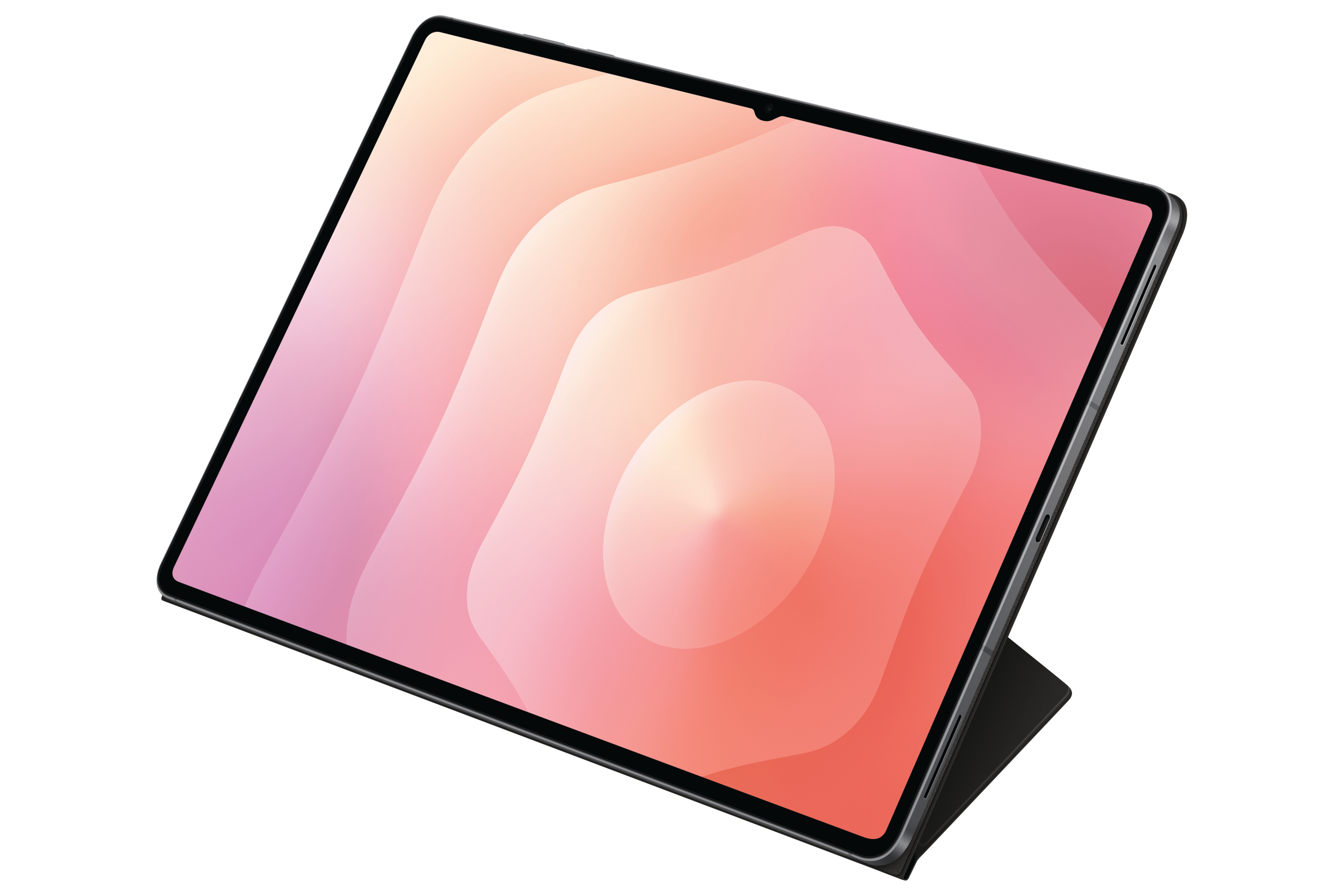 Ein Tablet mit einem Bildschirm mit rosa und orangefarbenem Farbverlauf ist auf weißem Grund mit schwarzer Abdeckung angewinkelt.