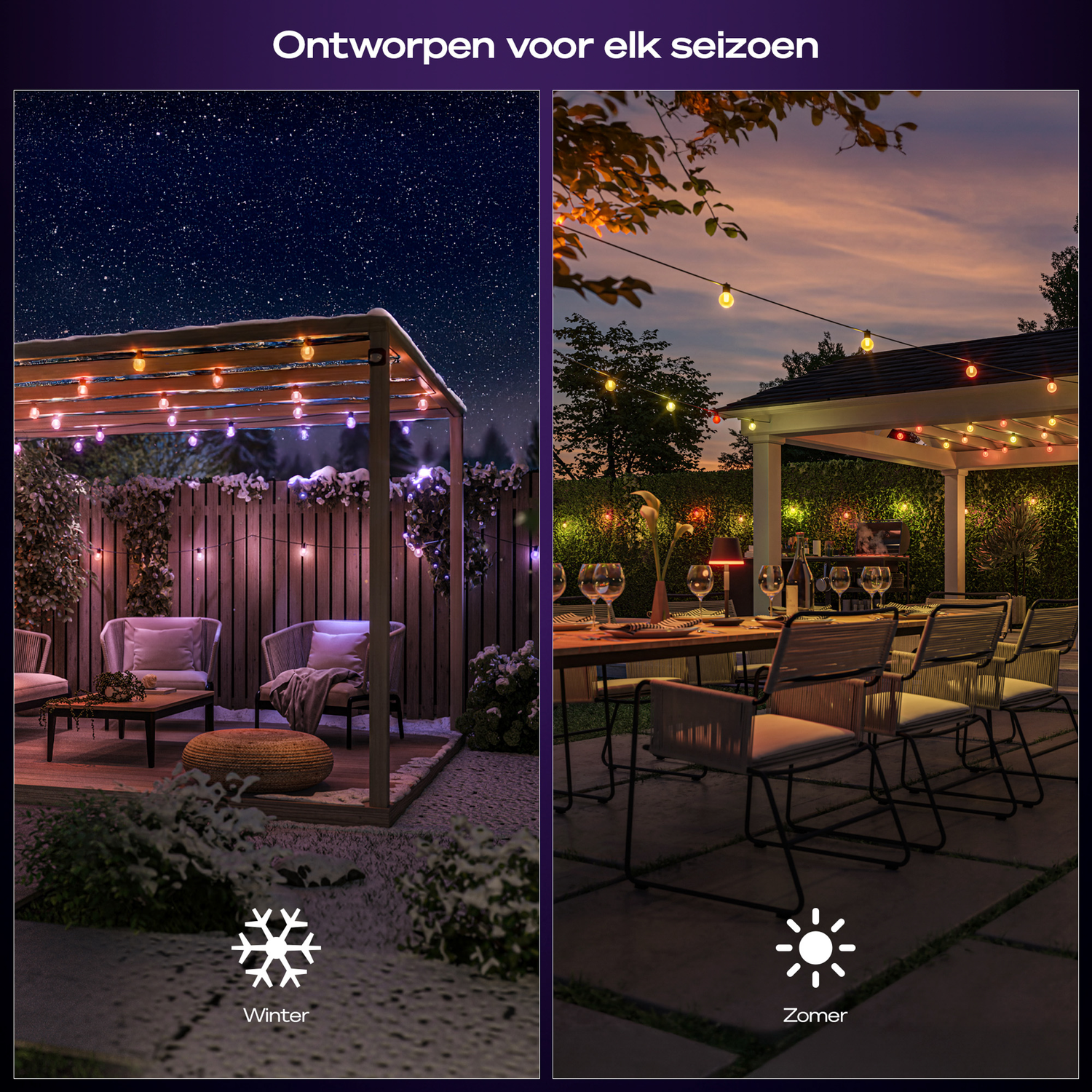 Afbeelding toont een winter- en zomerterras. Winter toont sneeuw, lichten en zitplaatsen. Zomer toont een eettafel met lichten.