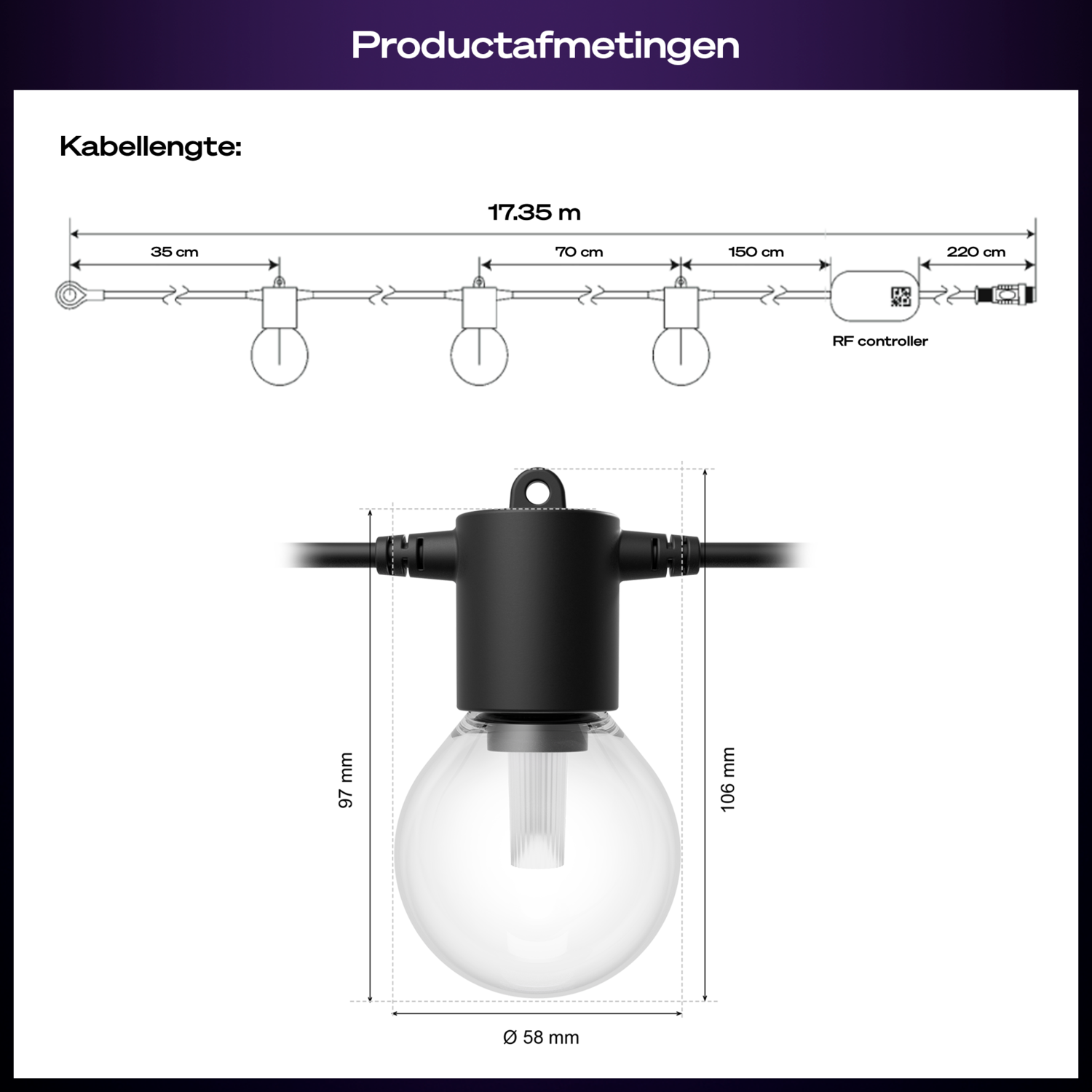 Diagram met afmetingen van een lichtsnoer. Het bevat metingen van de kabellengte, lampgrootte en de RF-controller.