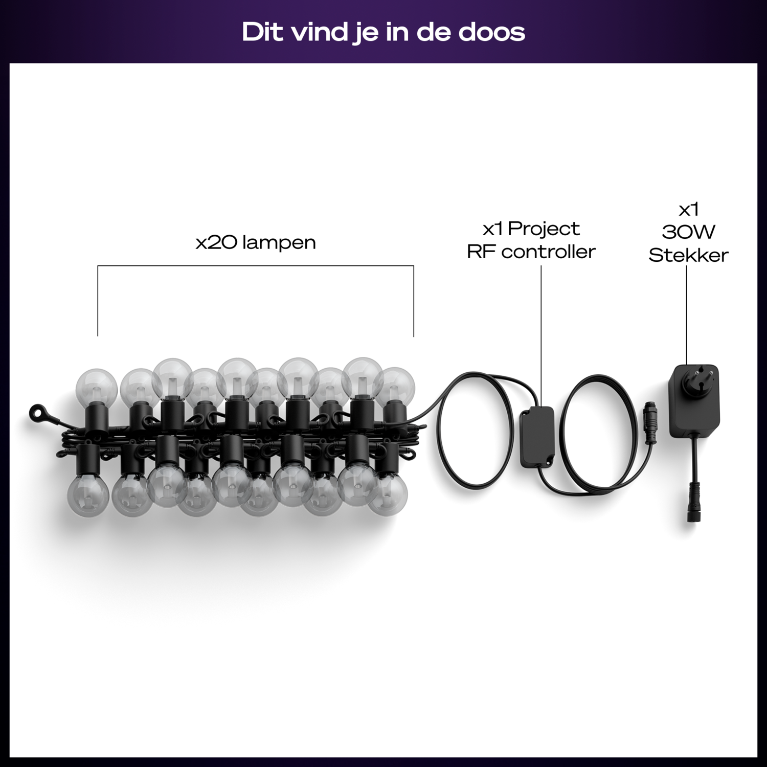 De afbeelding toont een reeks van 20 lampen, een RF-controller en een 30W stekker. Alle items staan op een witte achtergrond.