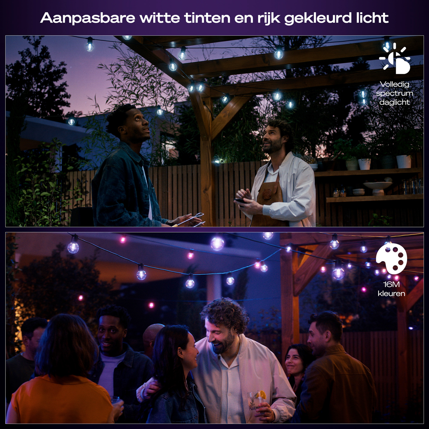 People at an outdoor gathering, illuminated by string lights. Some are looking up, others are talking.