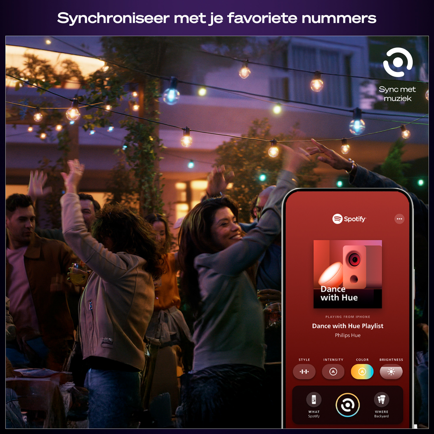 People dancing at an outdoor party. A phone shows a Spotify screen. String lights and a logo are visible.