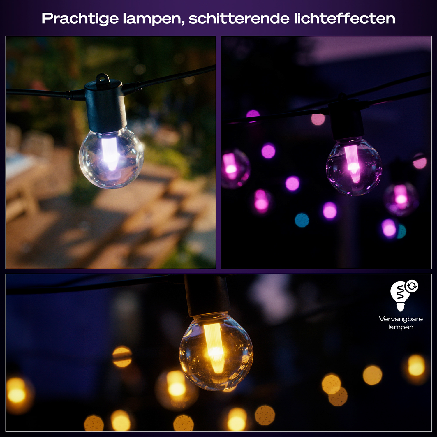 Three illuminated string lights with different colors. One is white, one is pink, and one is yellow. The background is blurred.