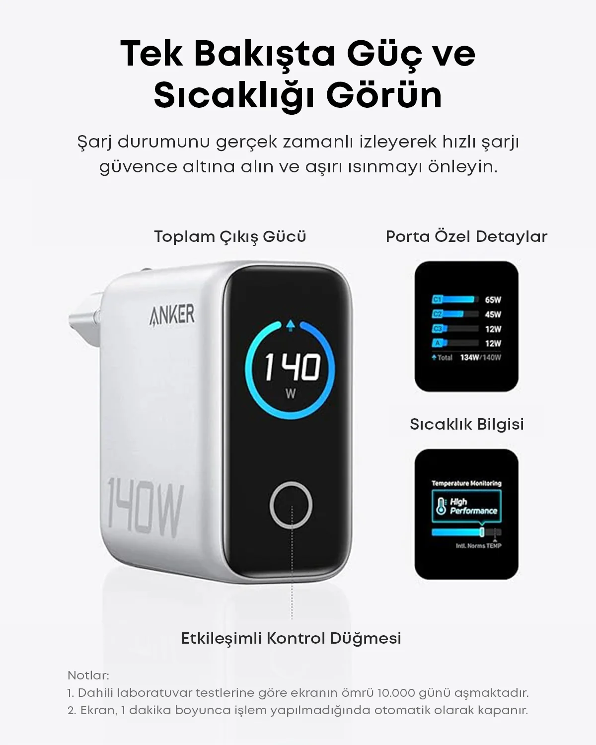Beyaz Anker şarj cihazı, güç ve sıcaklık detaylarını gösteren ekranla, Türkçe metinle.