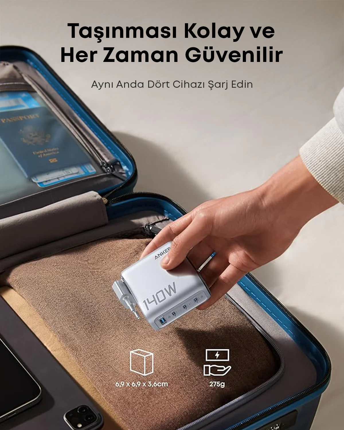 Bir el, bir pasaportla açık bir bavulun üzerinde gümüş renkli bir Anker şarj cihazı (140W) tutuyor. Metin: Taşınması kolay ve her zaman güvenilir.