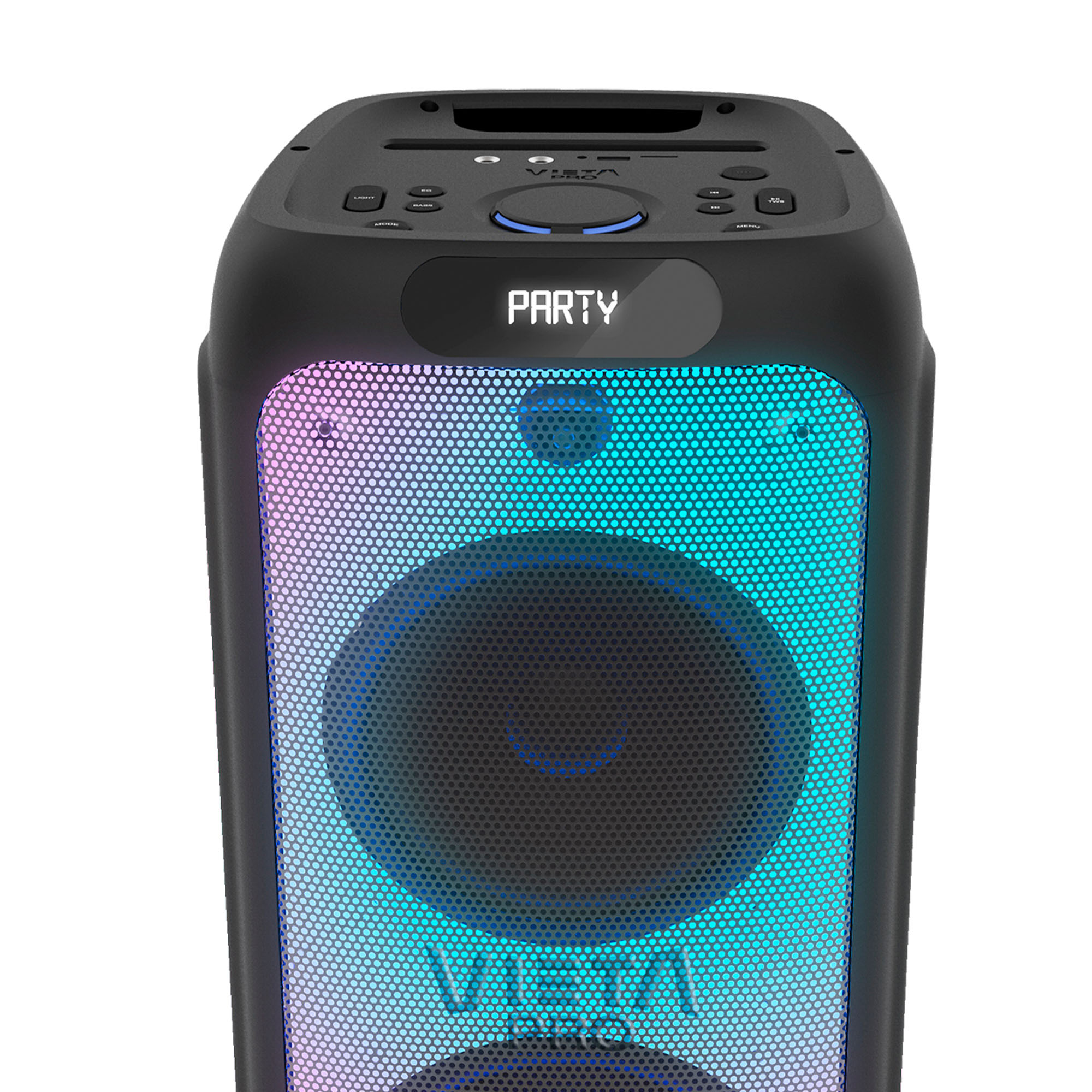 Altavoz negro con luces de colores. La palabra PARTY se ilumina. El altavoz tiene botones y la marca VISTA PRO.