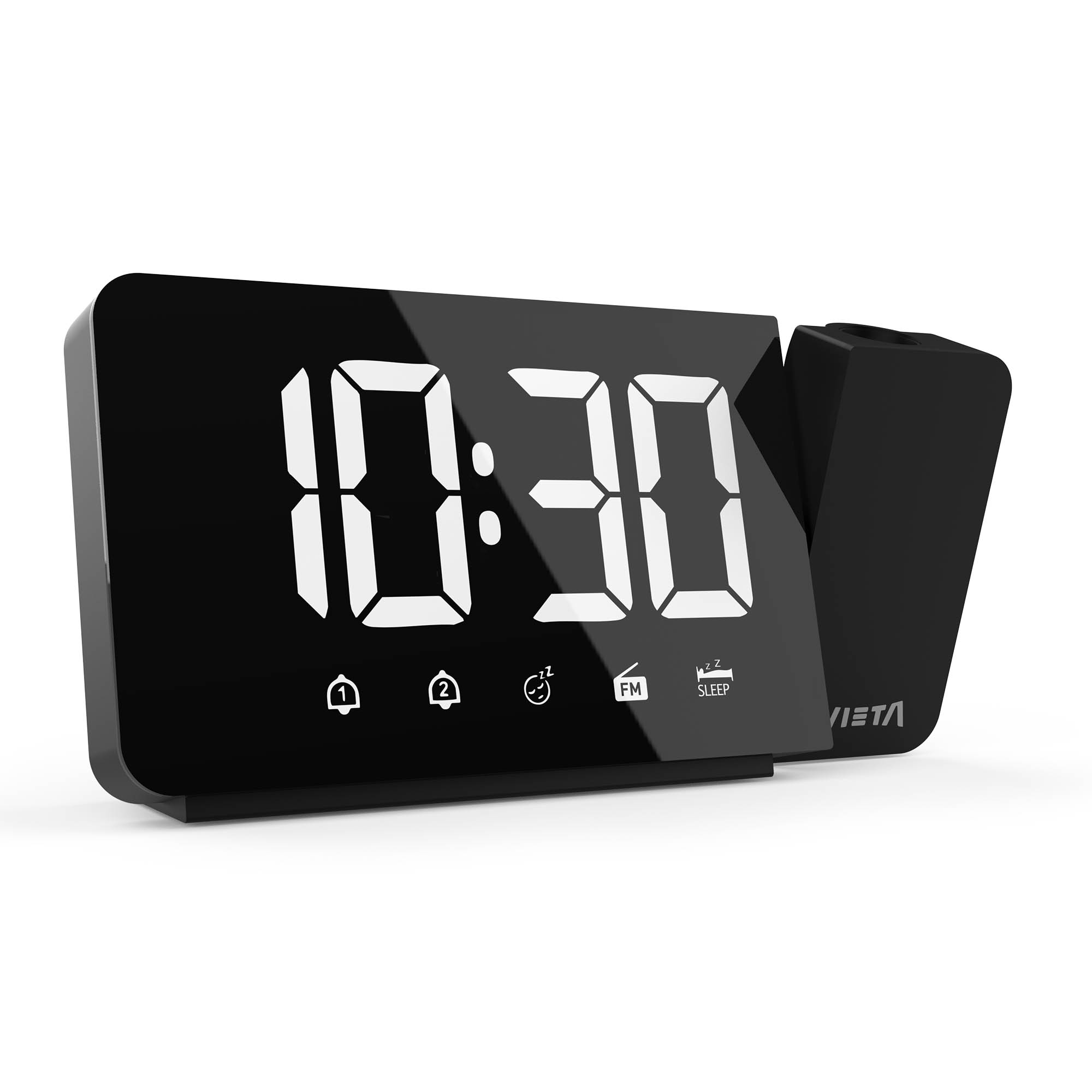 Reloj despertador digital negro que muestra 10:30. Tiene botones de función para alarmas, radio FM y dormir. La marca es Vieta.