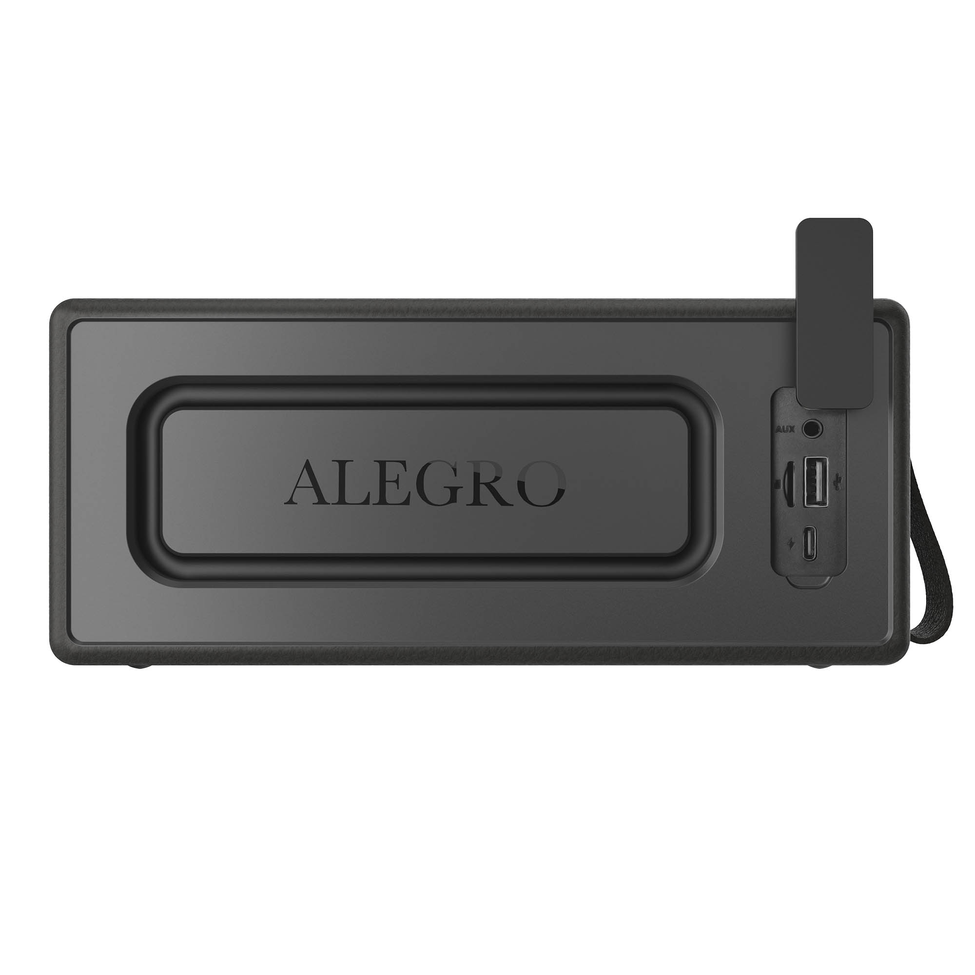 Un altavoz Allegro negro con puertos y asa se muestra sobre un fondo blanco. La palabra "ALEGRO" está en el centro.