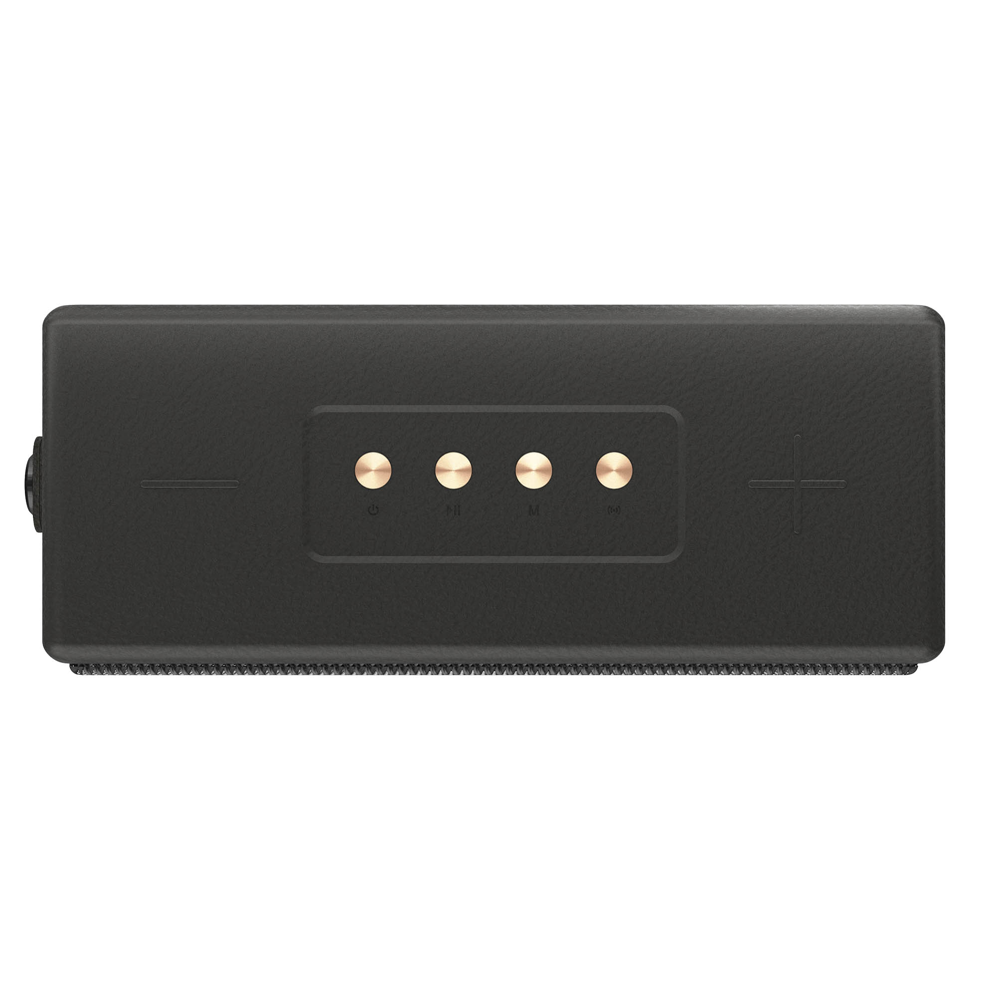 Altavoz rectangular negro con cuatro botones dorados al frente. El altavoz tiene una superficie texturizada.
