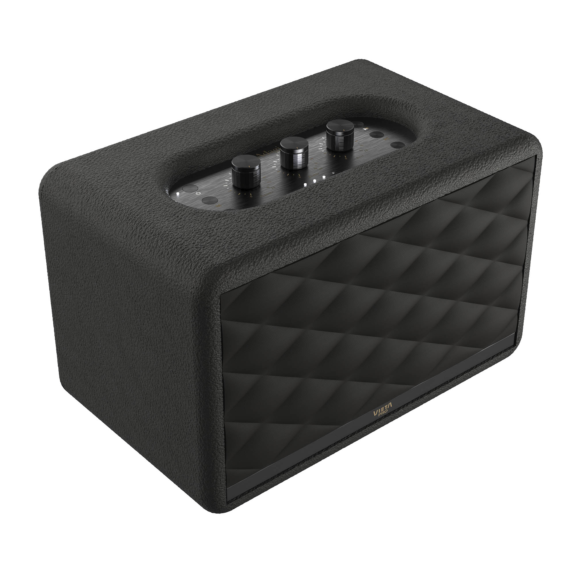 Un altavoz rectangular negro con perillas en la parte superior y una parte frontal con patrón de diamantes.