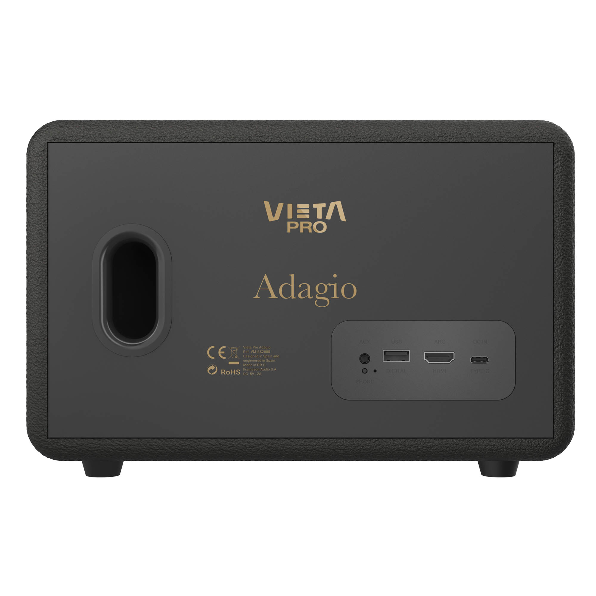 Parte trasera de altavoz negro con texto 'Vieta Pro Adagio', puertos y puerto de subwoofer. Tiene un marco texturizado.
