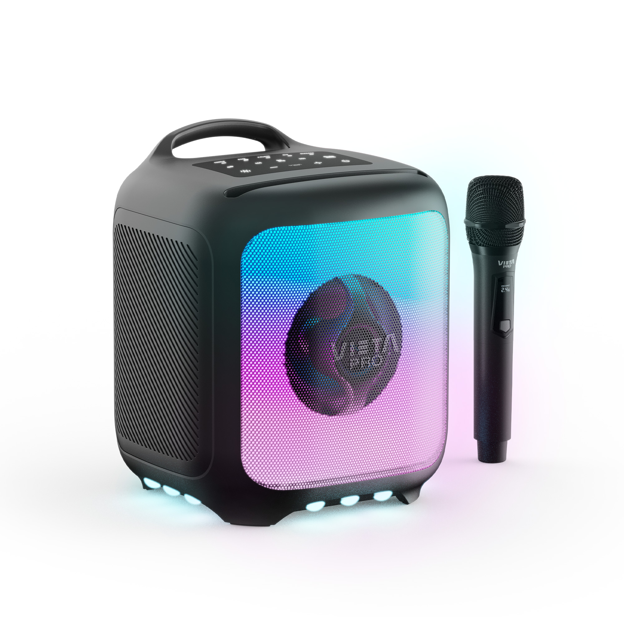 Altavoz negro con asa y micrófono. El altavoz tiene un frontal que cambia de color con un logotipo. El micrófono es negro.