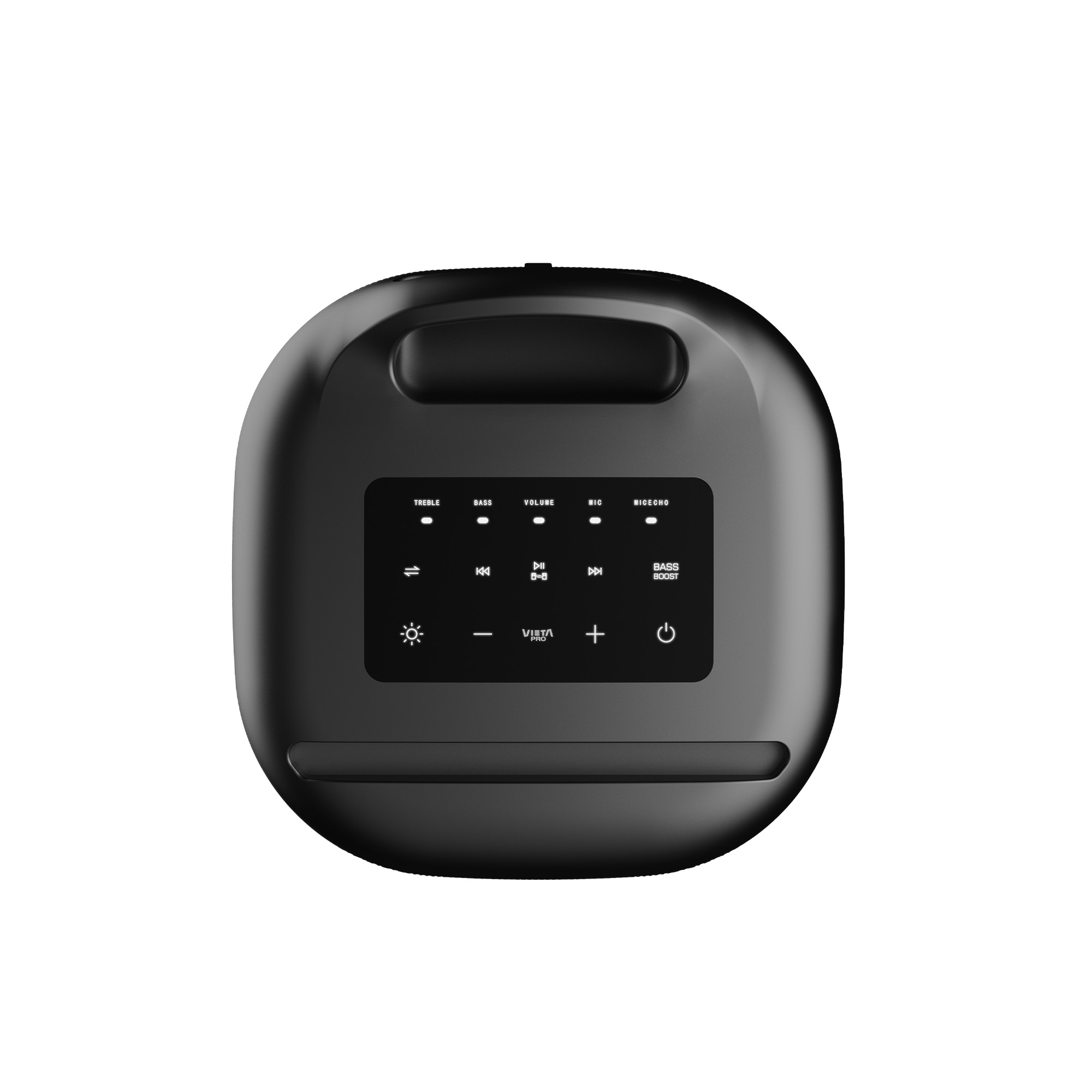 Un altavoz negro con botones de control para agudos, graves, volumen, micrófono y eco. El altavoz está sobre un fondo blanco.