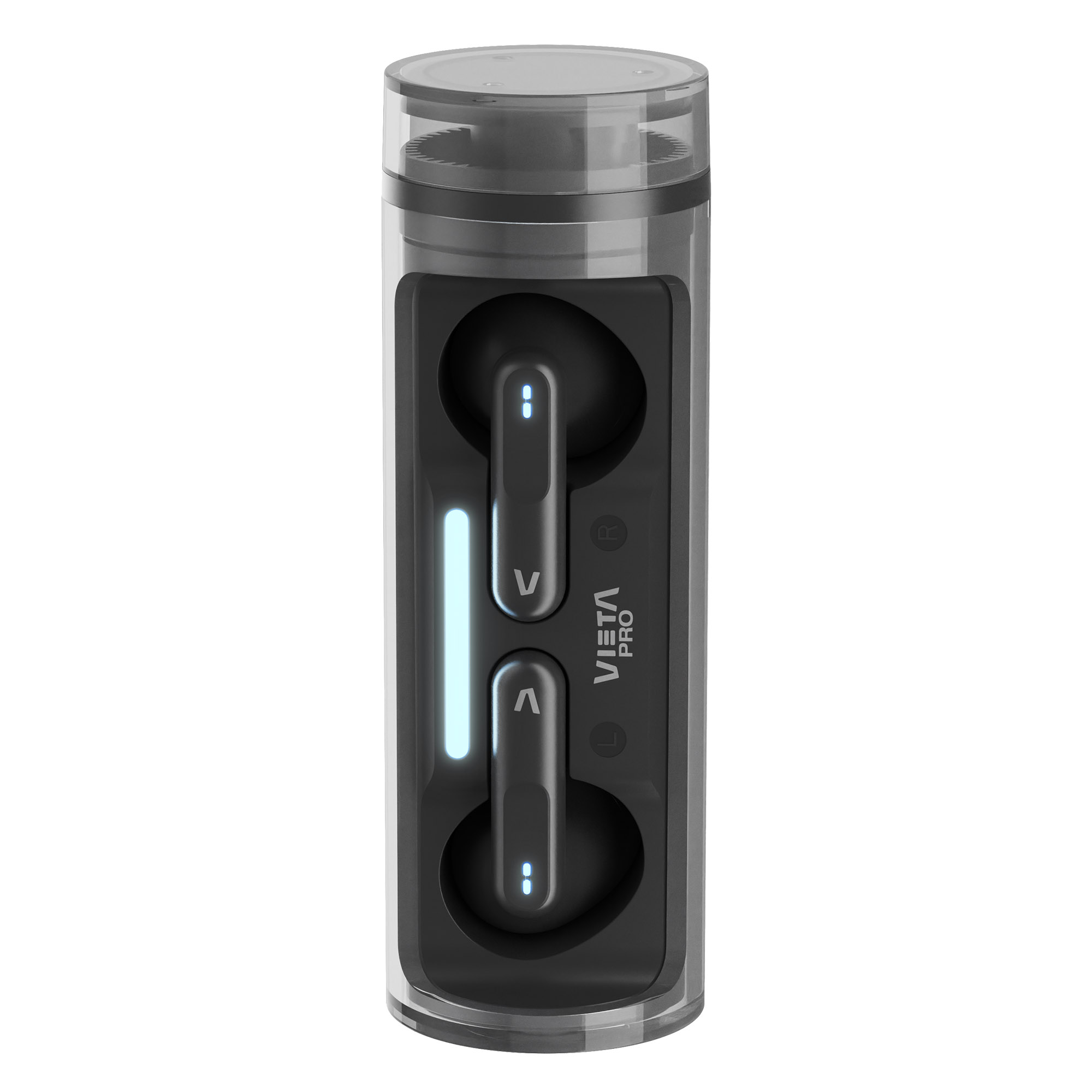 Auriculares en un estuche transparente. El estuche es cilíndrico. Los auriculares son negros con luces azules. La marca es Vieta Pro.