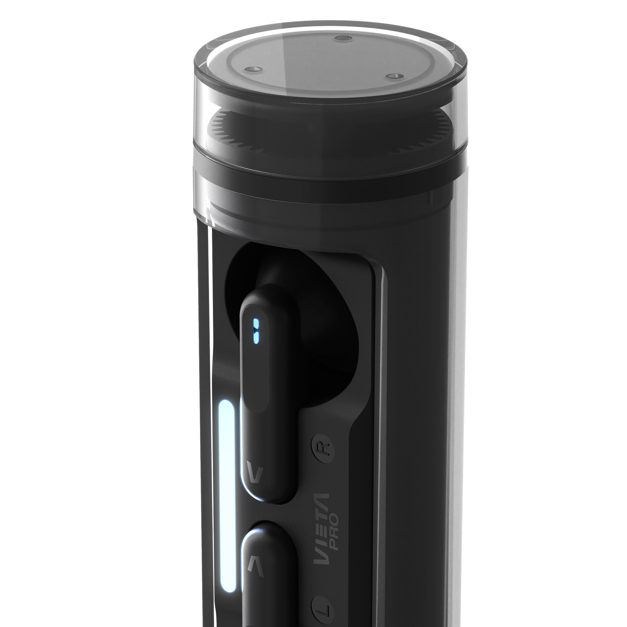 Estuche de carga negro con auriculares dentro. Presenta una tapa transparente. El logotipo VISTA PRO es visible.