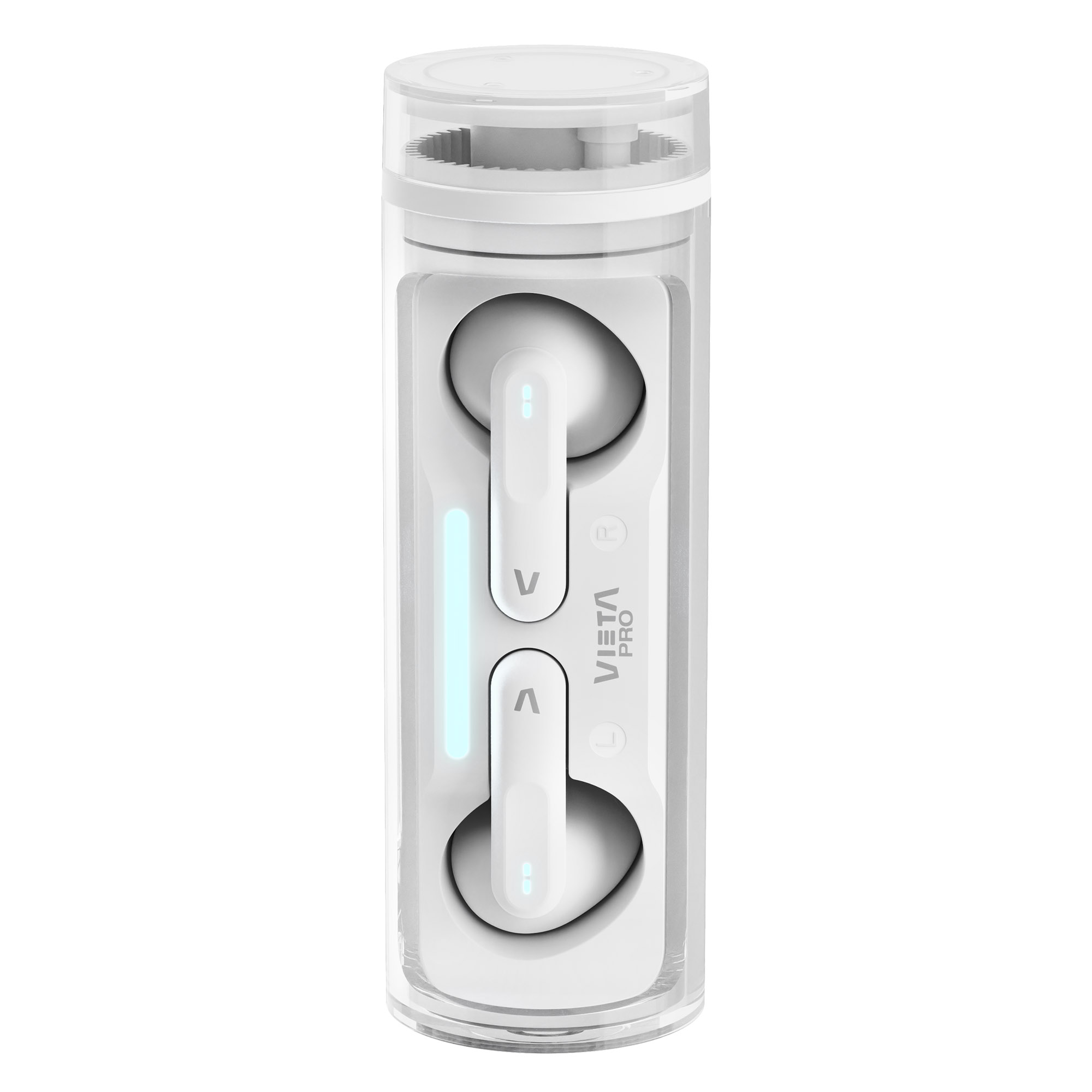 Auriculares VETA Pro blancos en un estuche transparente. El estuche tiene tapa y base blancas. Los auriculares son blancos con luces indicadoras azules.