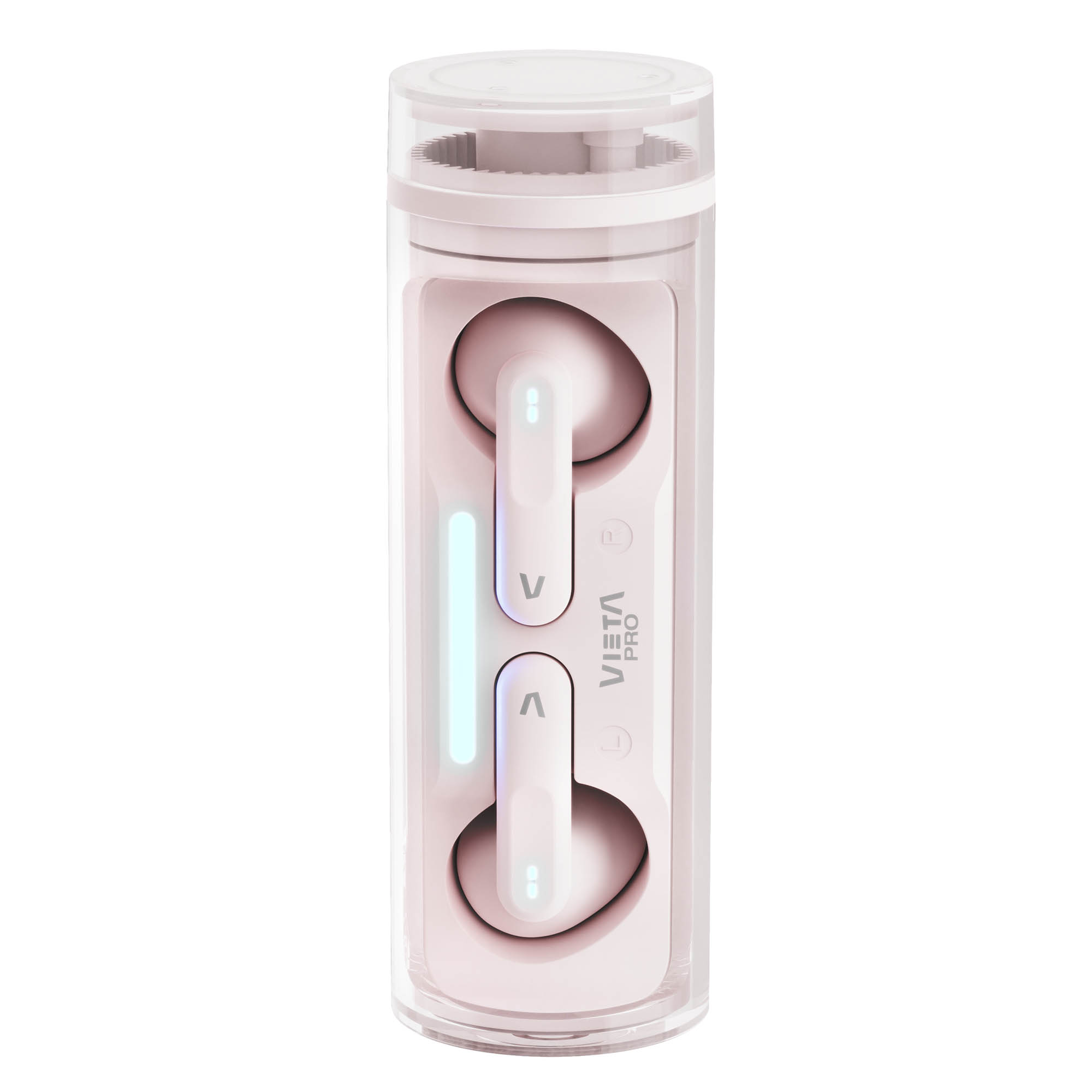 Un estuche rosa VISTA Pro para auriculares con dos auriculares en su interior, alojados en un recipiente transparente. Los auriculares tienen luces azules brillantes.