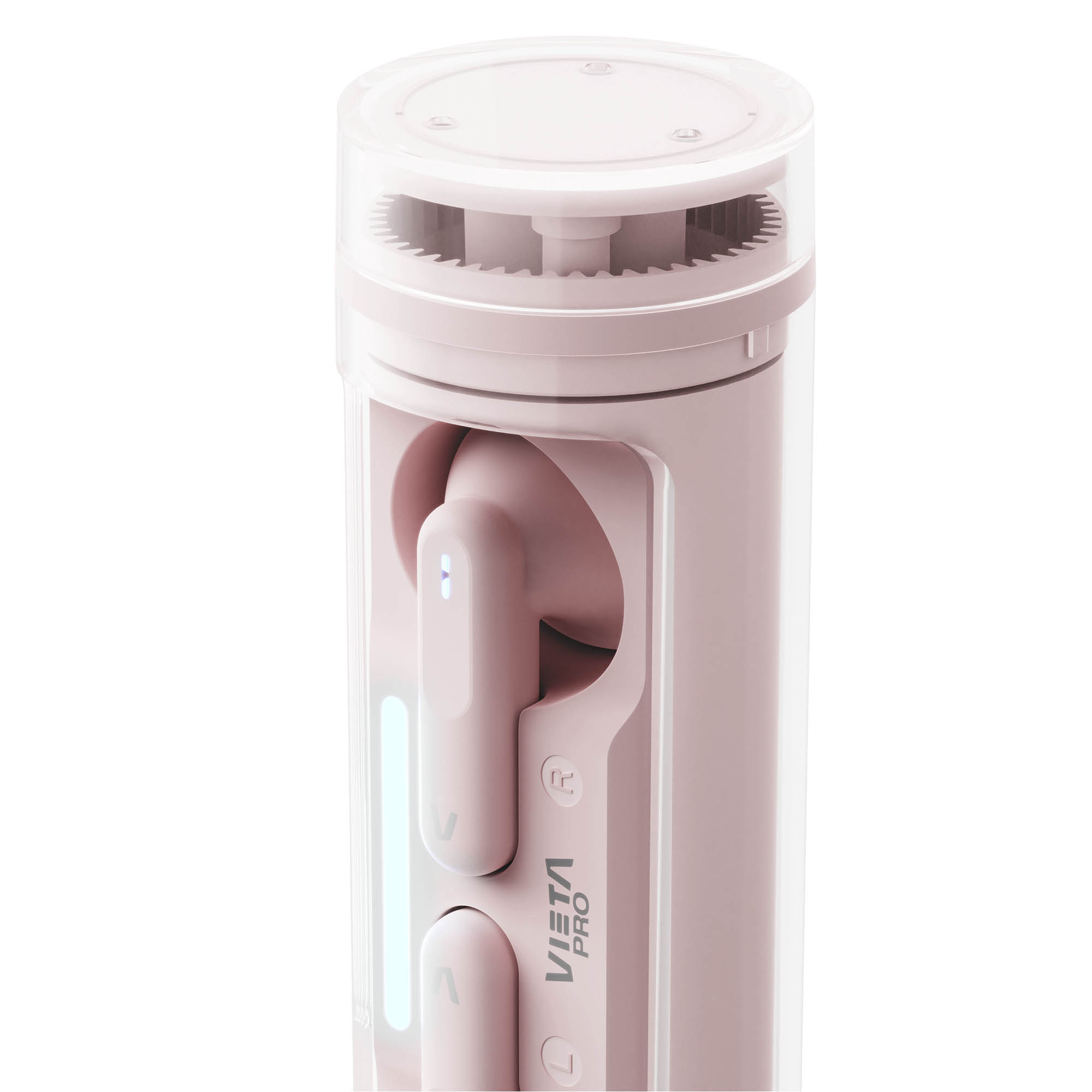 Un dispositivo Vista Pro rosa con auriculares dentro de una funda transparente, con texto e indicadores. Fondo blanco.