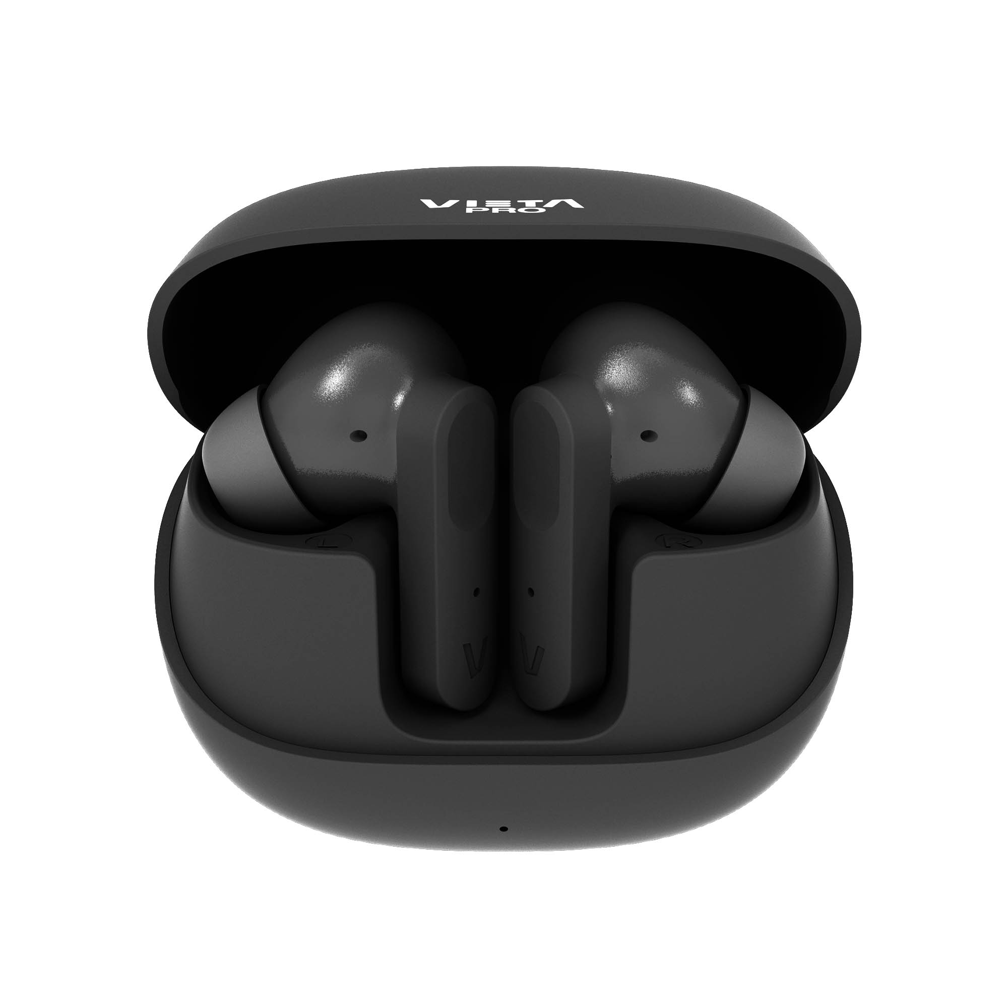 Auriculares Vista Pro negros en su estuche de carga. El estuche está abierto. Fondo blanco.