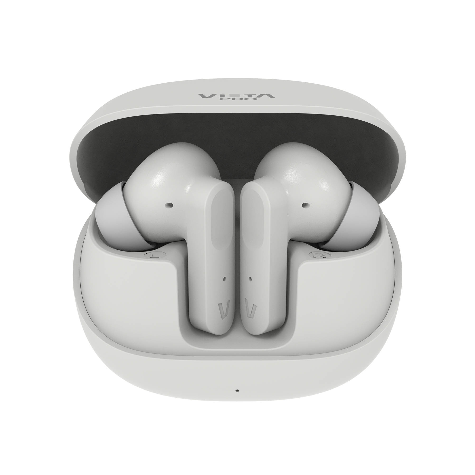 Auriculares blancos en un estuche abierto. El estuche y los auriculares son blancos. El estuche tiene un interior oscuro.