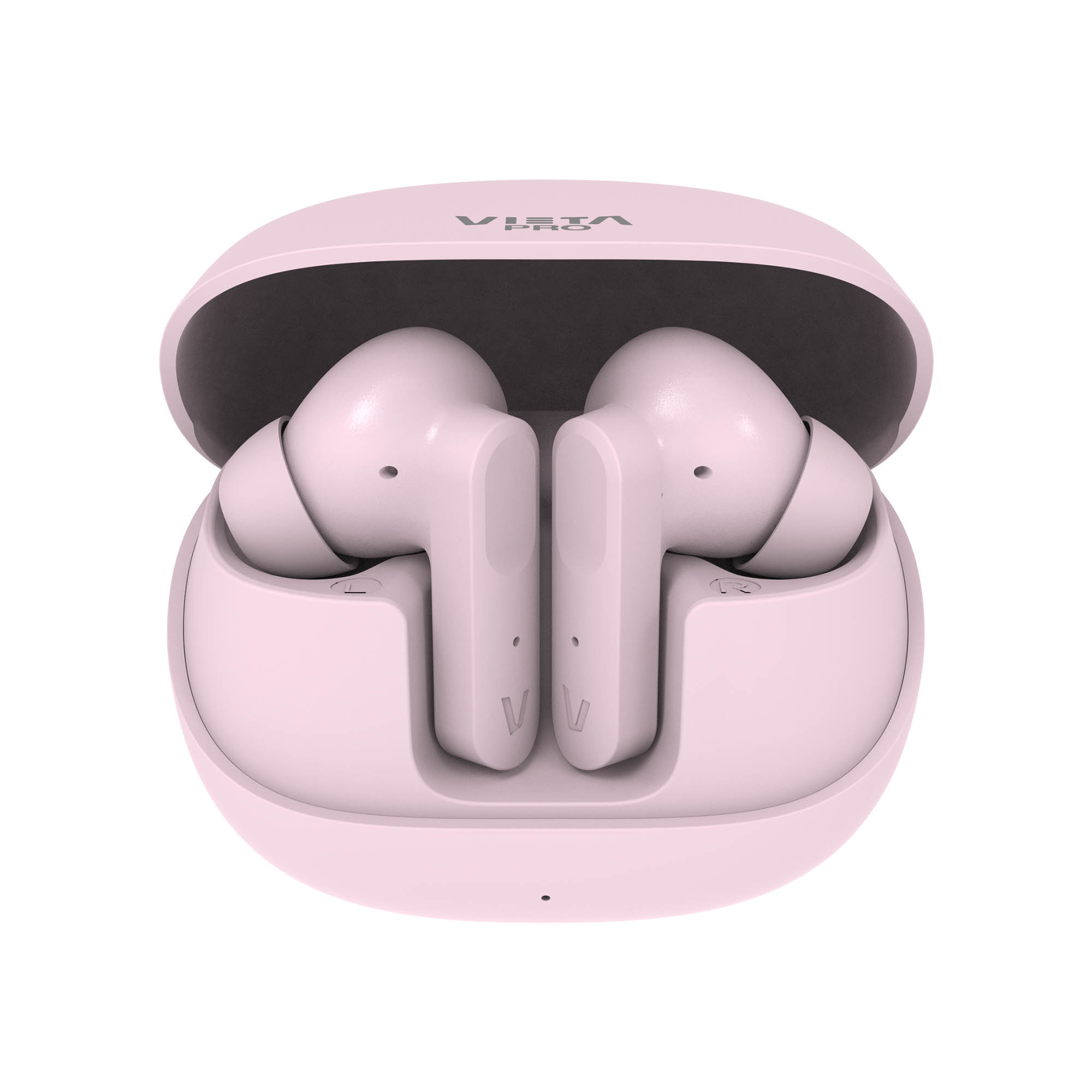 Auriculares inalámbricos rosas en un estuche abierto. El estuche y los auriculares son rosas. El estuche está abierto, mostrando los auriculares.