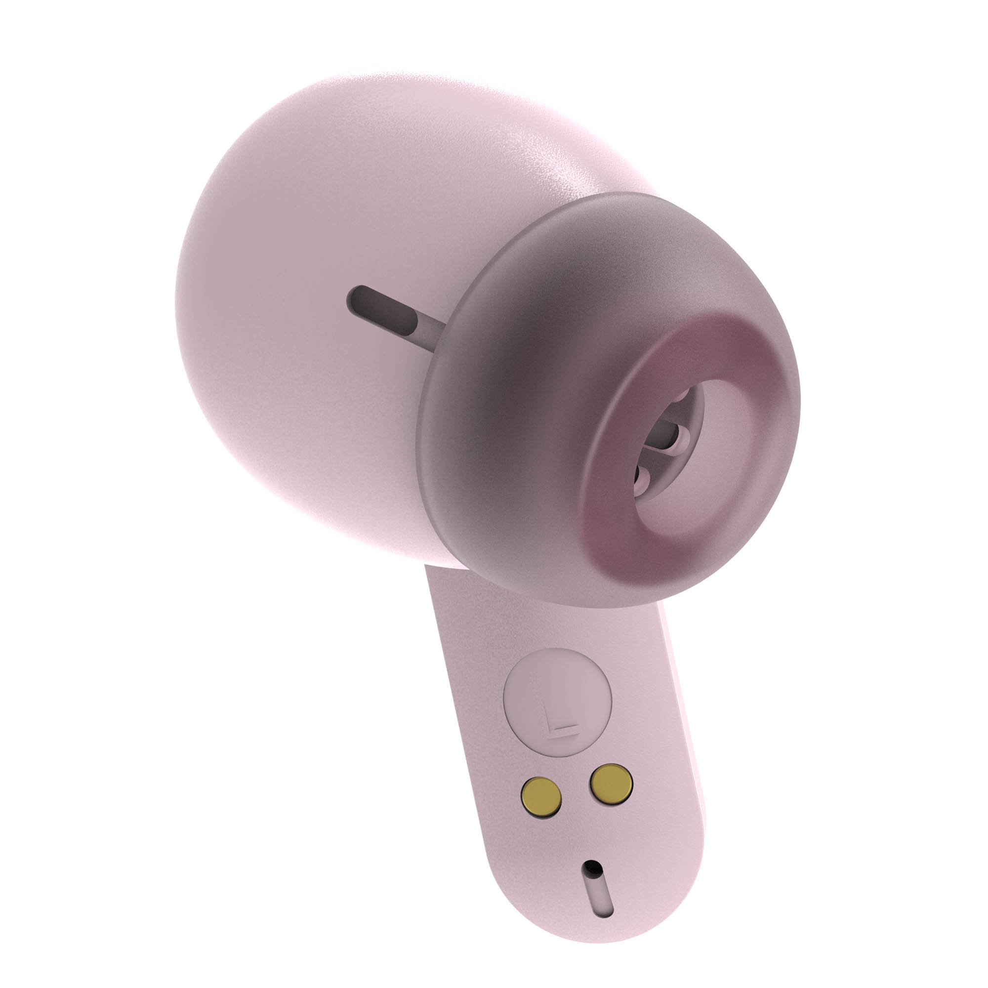Un auricular rosa con punta gris. Tiene un diseño curvo, botones amarillos y un pequeño orificio en la parte inferior.