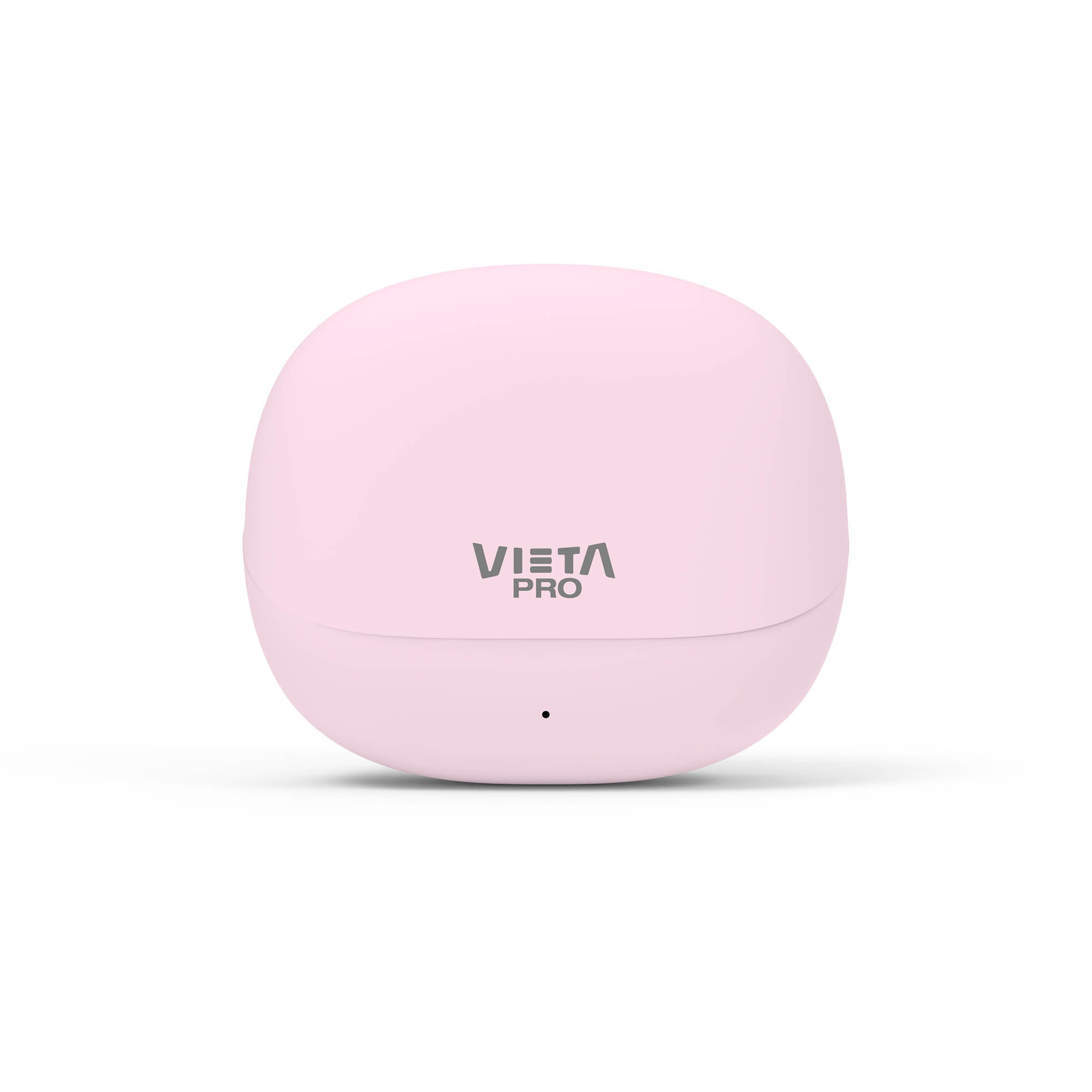 Estuche de carga rosa VISTA Pro. Vista frontal, forma redondeada. Fondo blanco. La marca está impresa al frente.