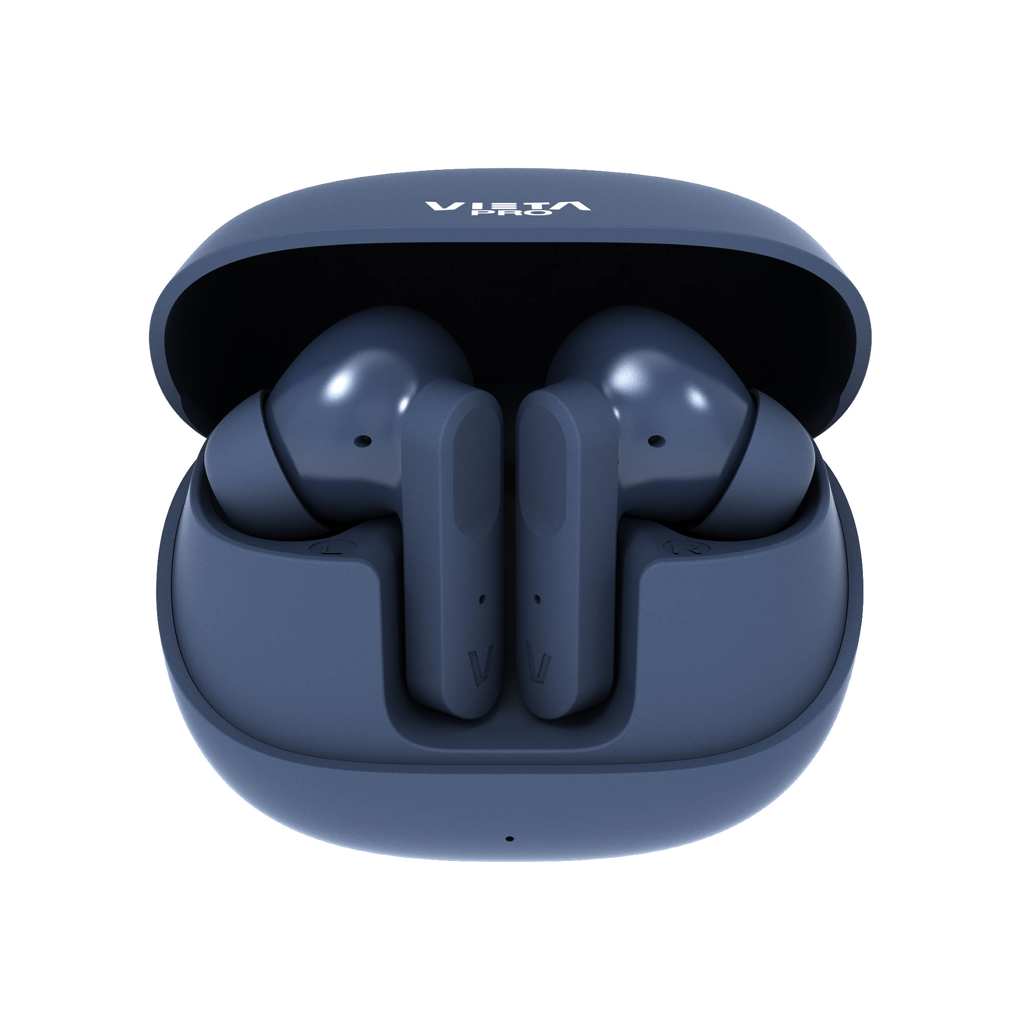 Un estuche azul Vista Pro con auriculares abierto, revelando dos auriculares. El fondo es blanco.