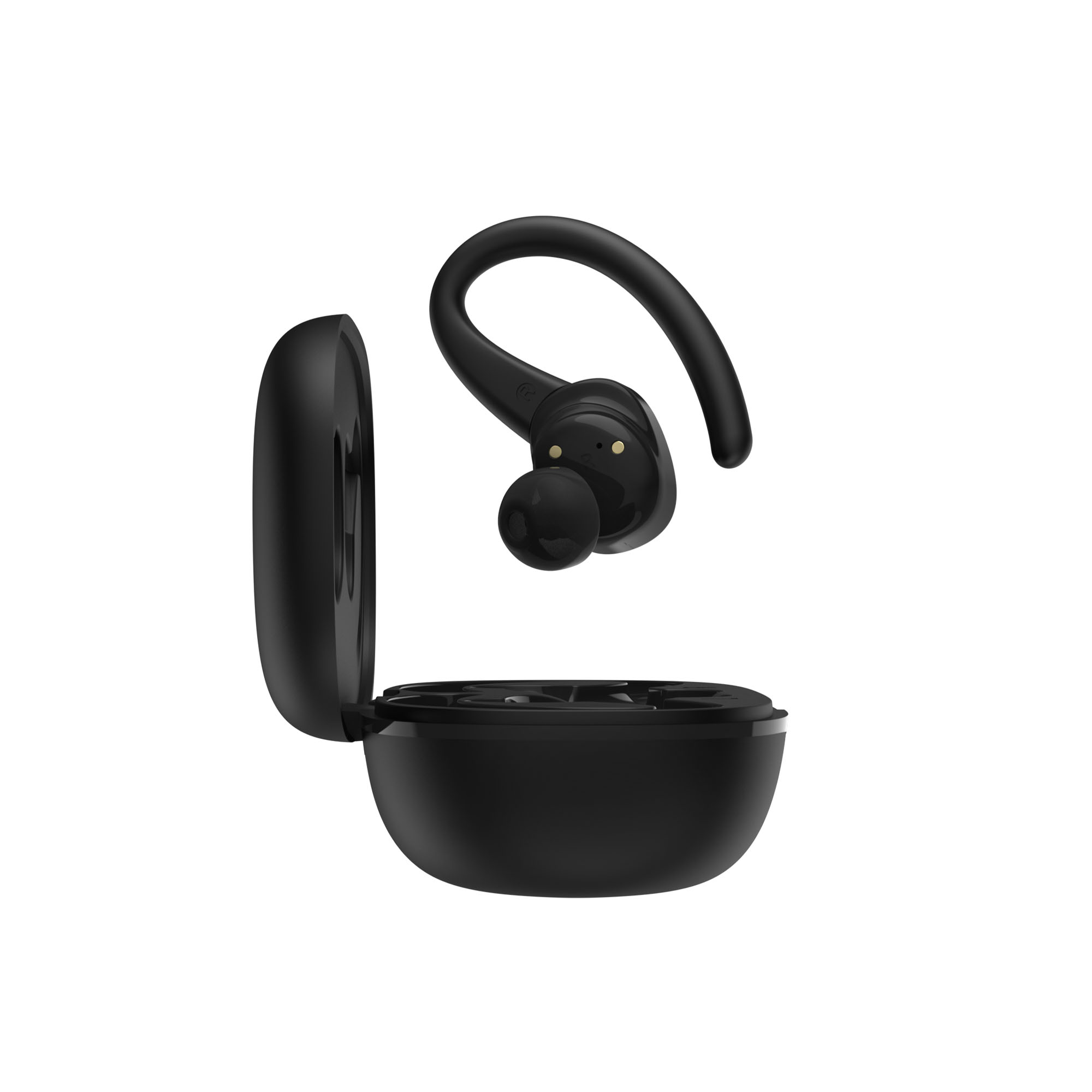 Auricular inalámbrico negro con estuche de carga sobre fondo blanco. El auricular está parcialmente fuera del estuche.