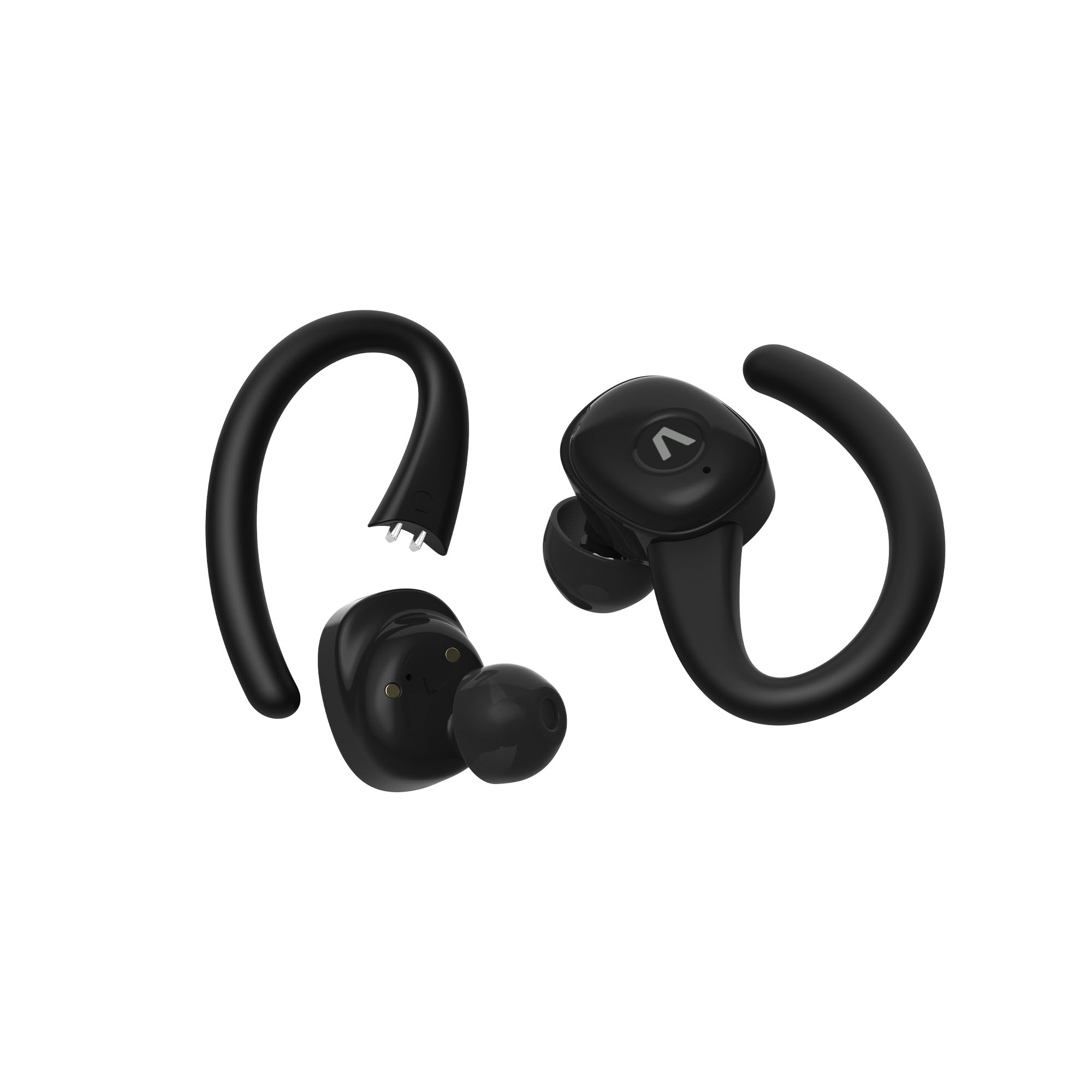 Dos auriculares inalámbricos negros con ganchos para la oreja sobre un fondo blanco. Un auricular está desmontado.