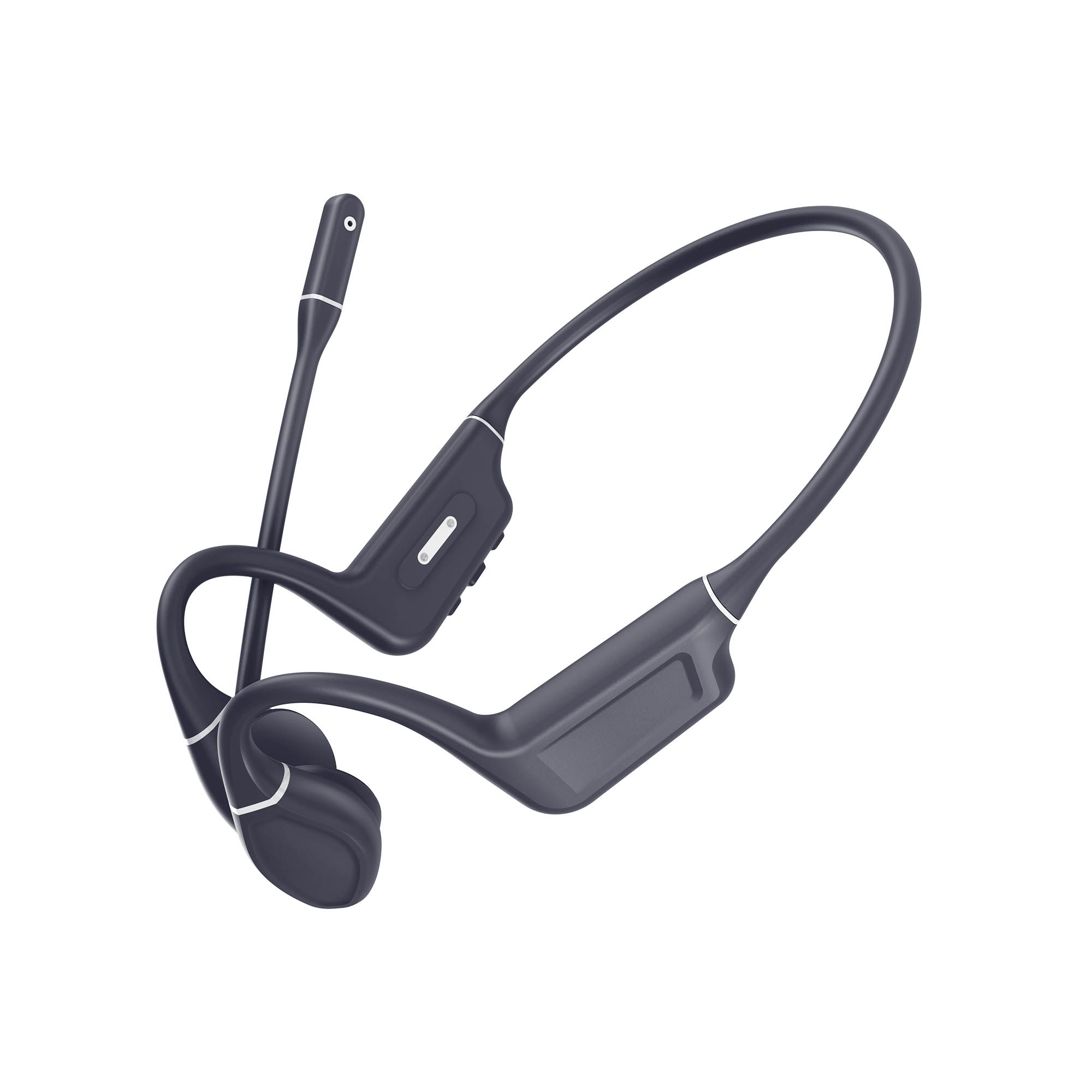 Auriculares de conducción ósea gris oscuro. Con micrófono y botones de control. Acentos blancos. Aislado sobre fondo blanco.