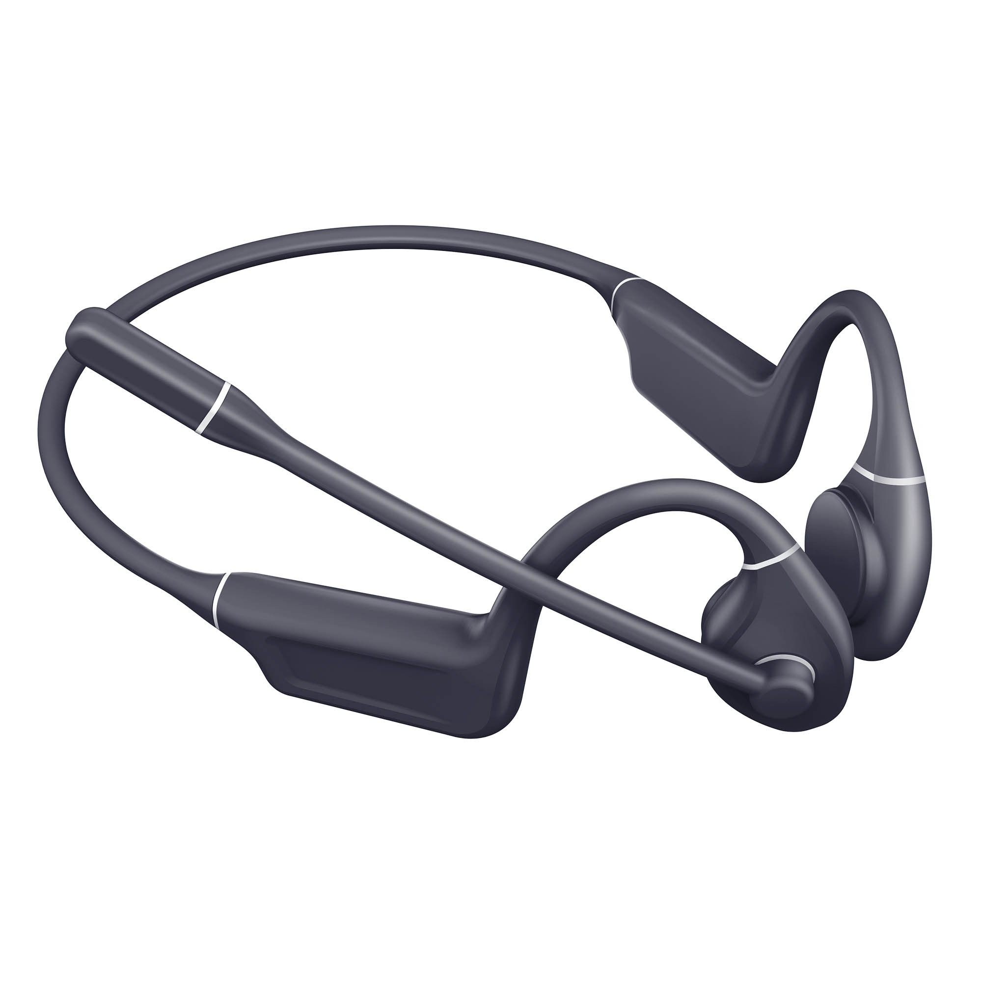 Auriculares de conducción ósea gris oscuro. Tienen un diseño envolvente con una diadema y auriculares, detalles blancos.