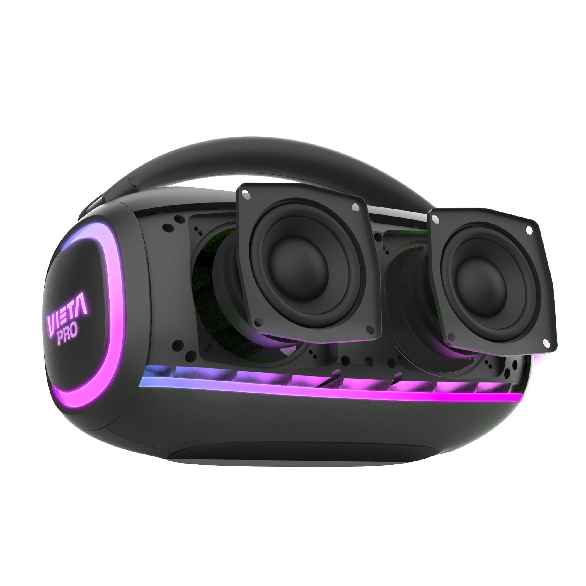 Un altavoz Vista Pro negro con dos altavoces visibles. El altavoz tiene un asa y presenta luces rosas y azules.