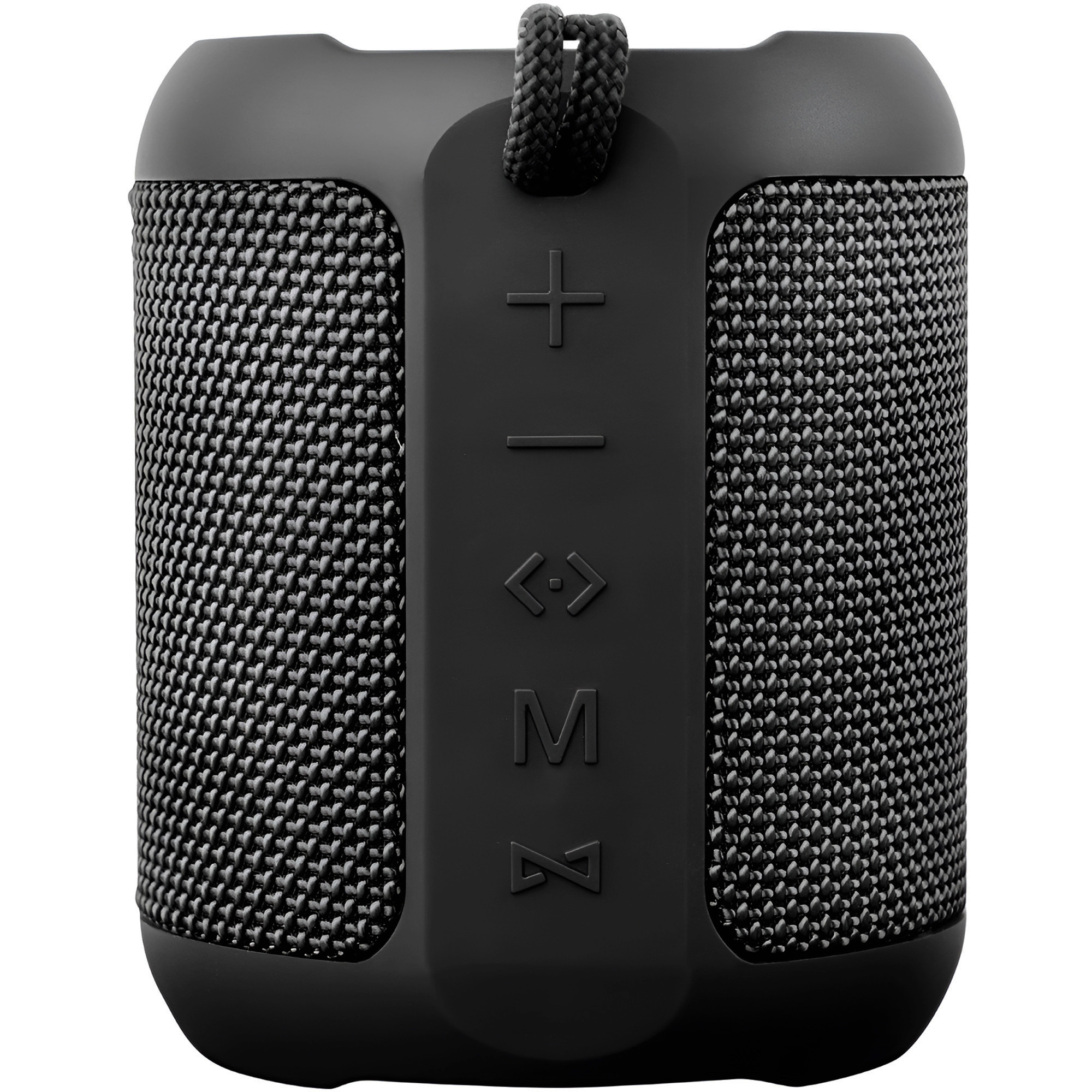 Altavoz portátil negro con lados de malla y botones de control. Tiene un asa de cuerda.