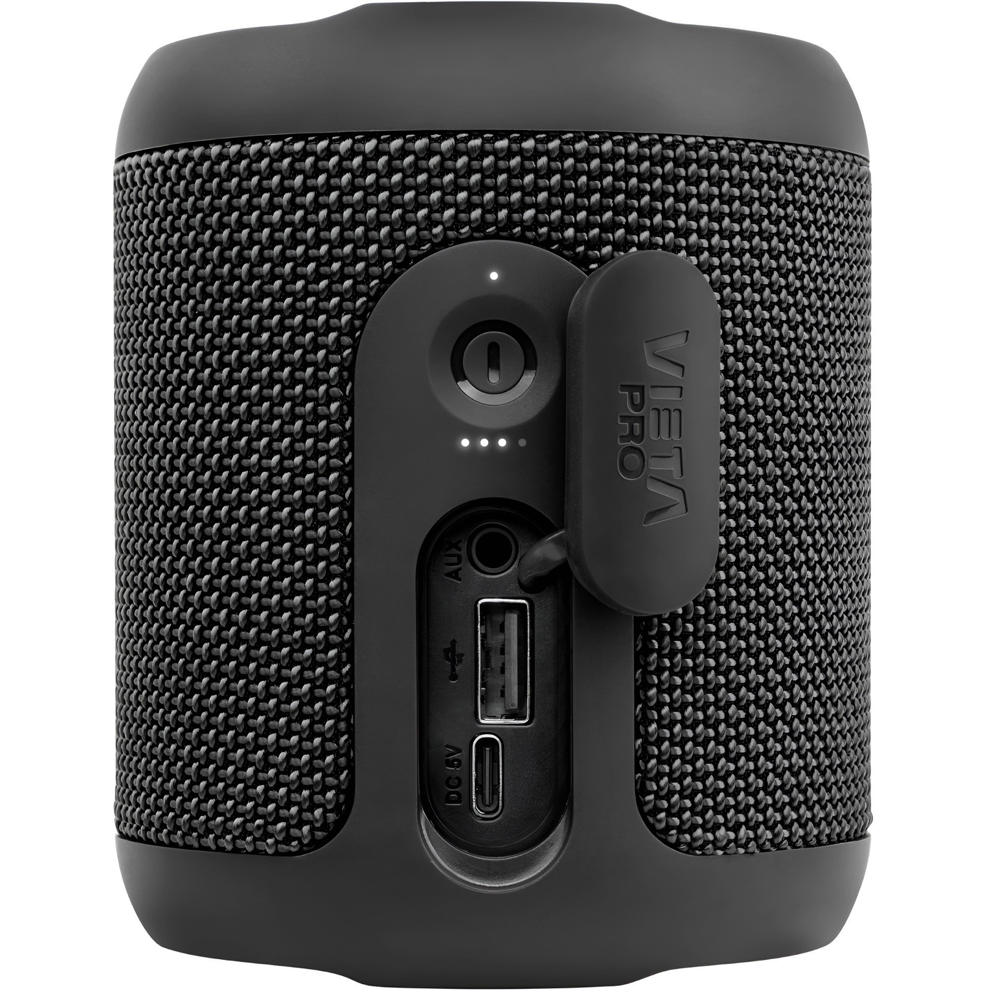 Altavoz VETA Pro negro. Incluye un botón de encendido, puerto de carga, puerto auxiliar y luces indicadoras LED.
